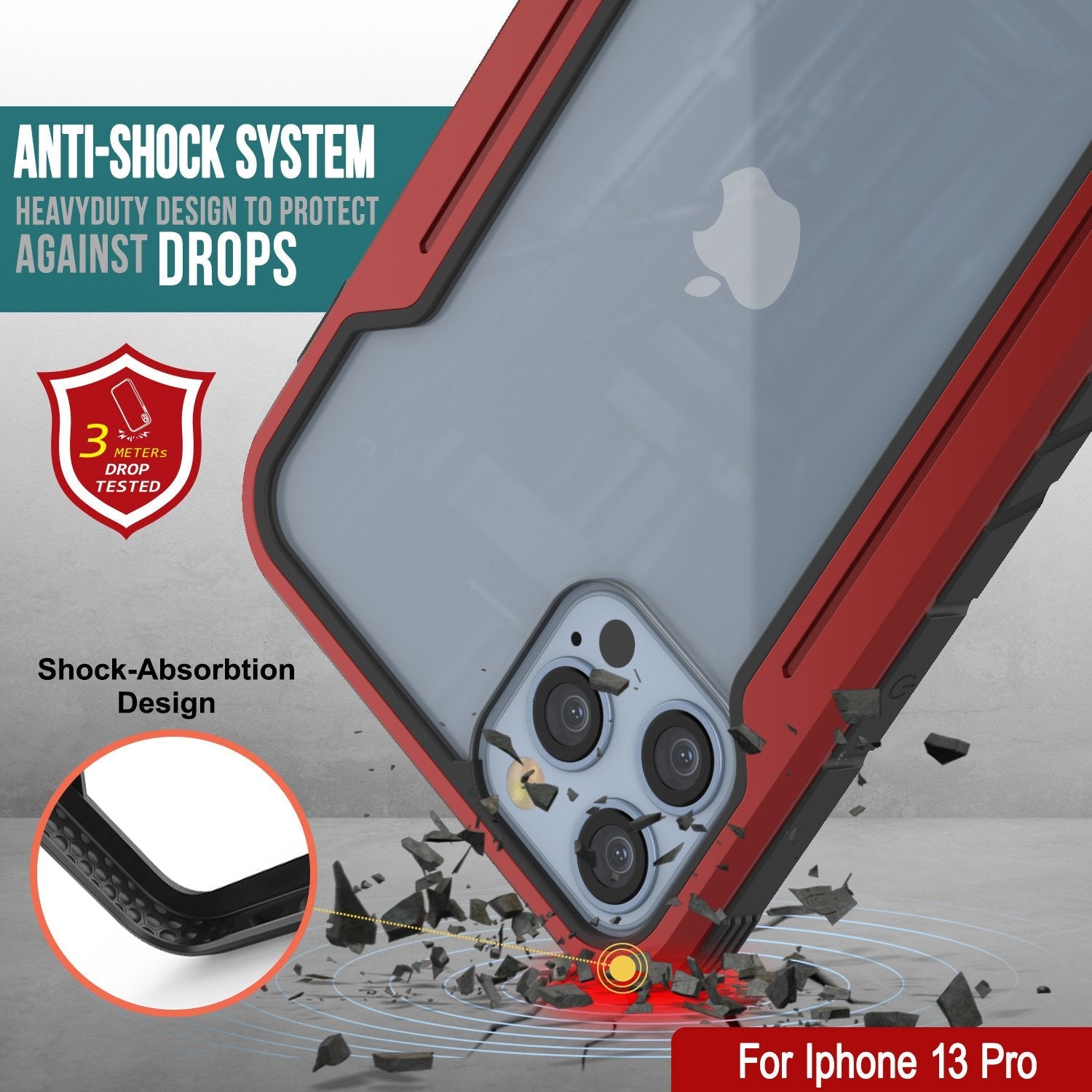 Punkcase iPhone 13 Pro ravenger Case Protective Military Grade Multilayer Cover [Red]
