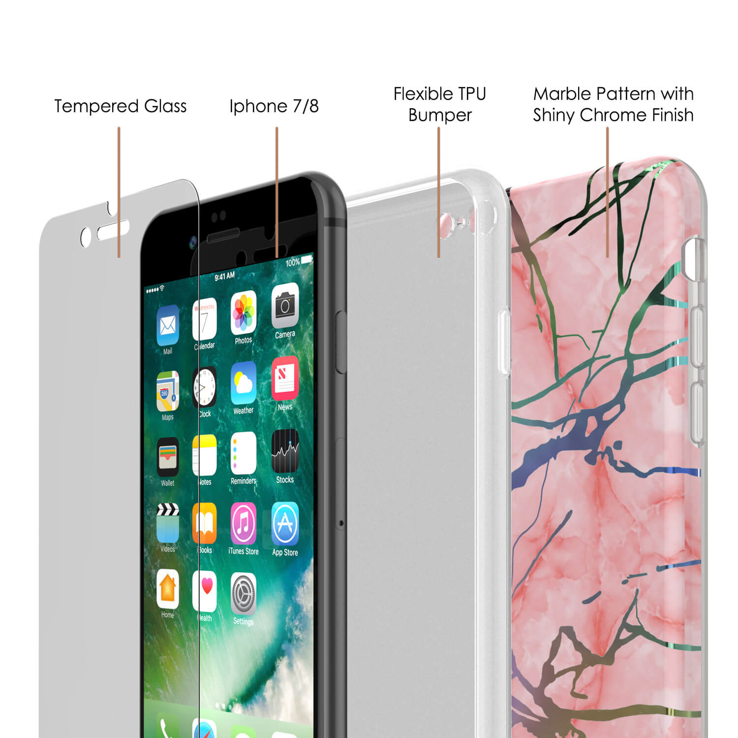 Punkcase iPhone 8 / 7 Marble Case, Protective Full Body Cover W/9H Tempered Glass Screen Protector (Rose Mirage)