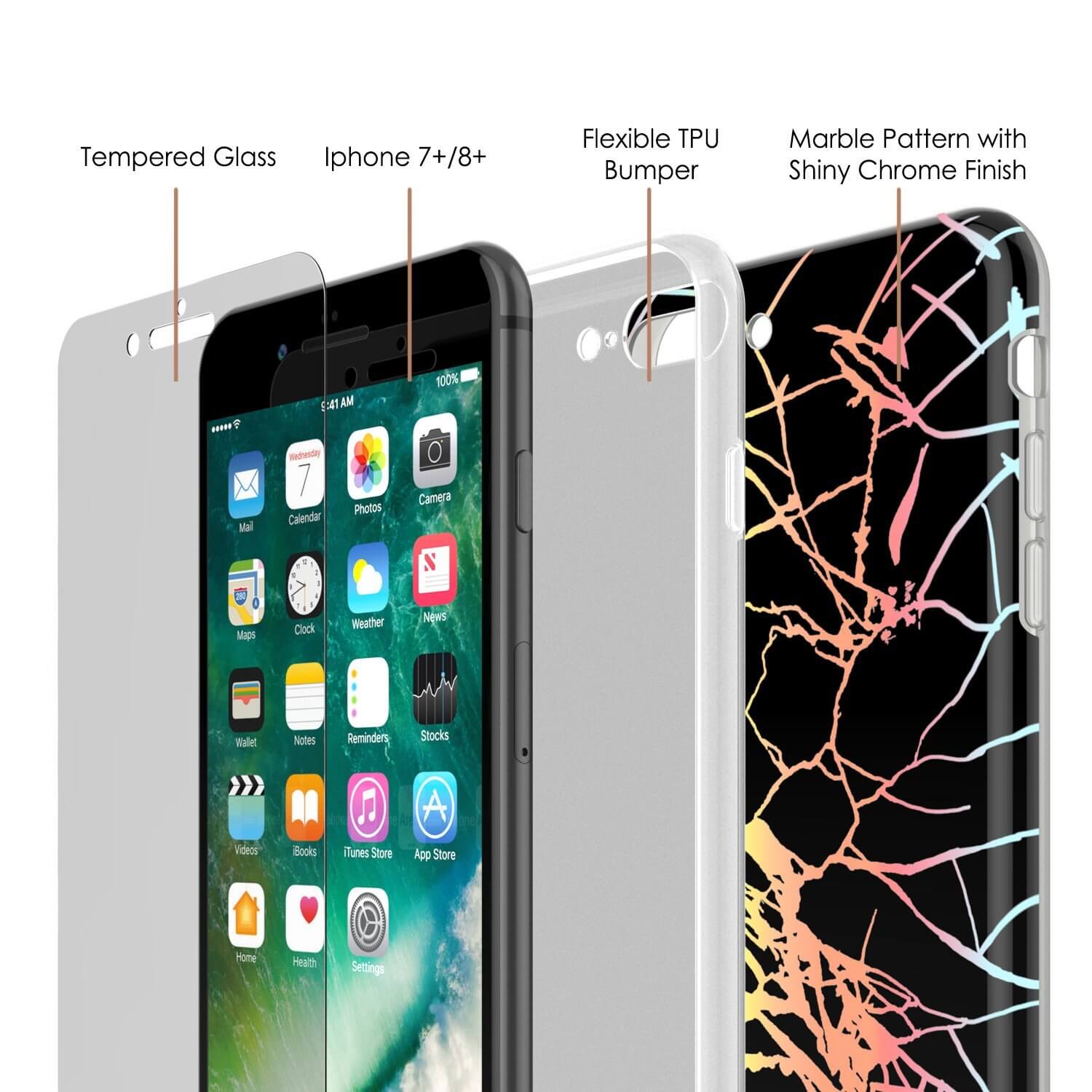 Punkcase iPhone 8+ / 7+ Plus Marble Case, Protective Full Body Cover W/9H Tempered Glass Screen Protector (Black Mirage)