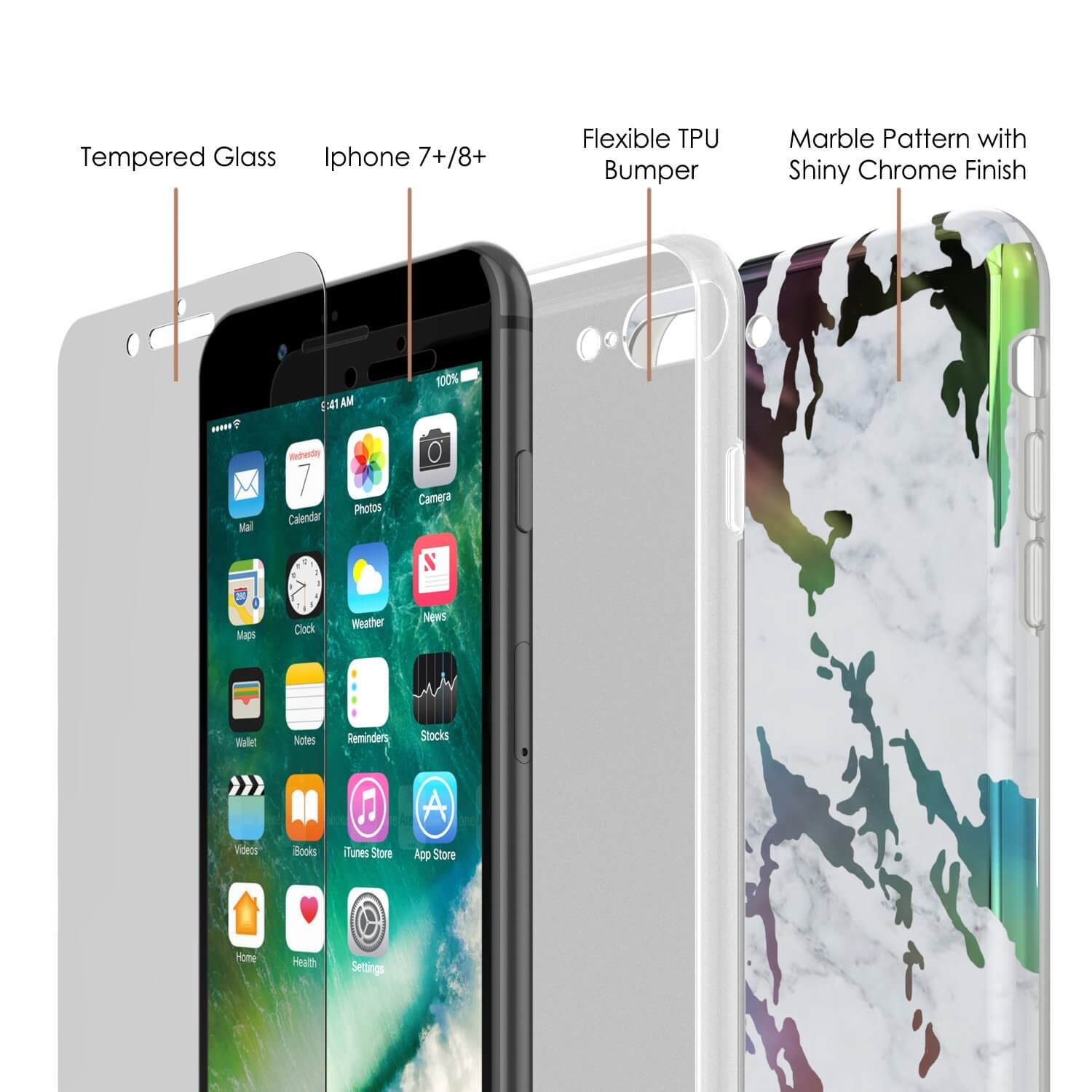 Punkcase iPhone 8+ / 7+ Plus Marble Case, Protective Full Body Cover W/9H Tempered Glass Screen Protector (Blanco Marmo)