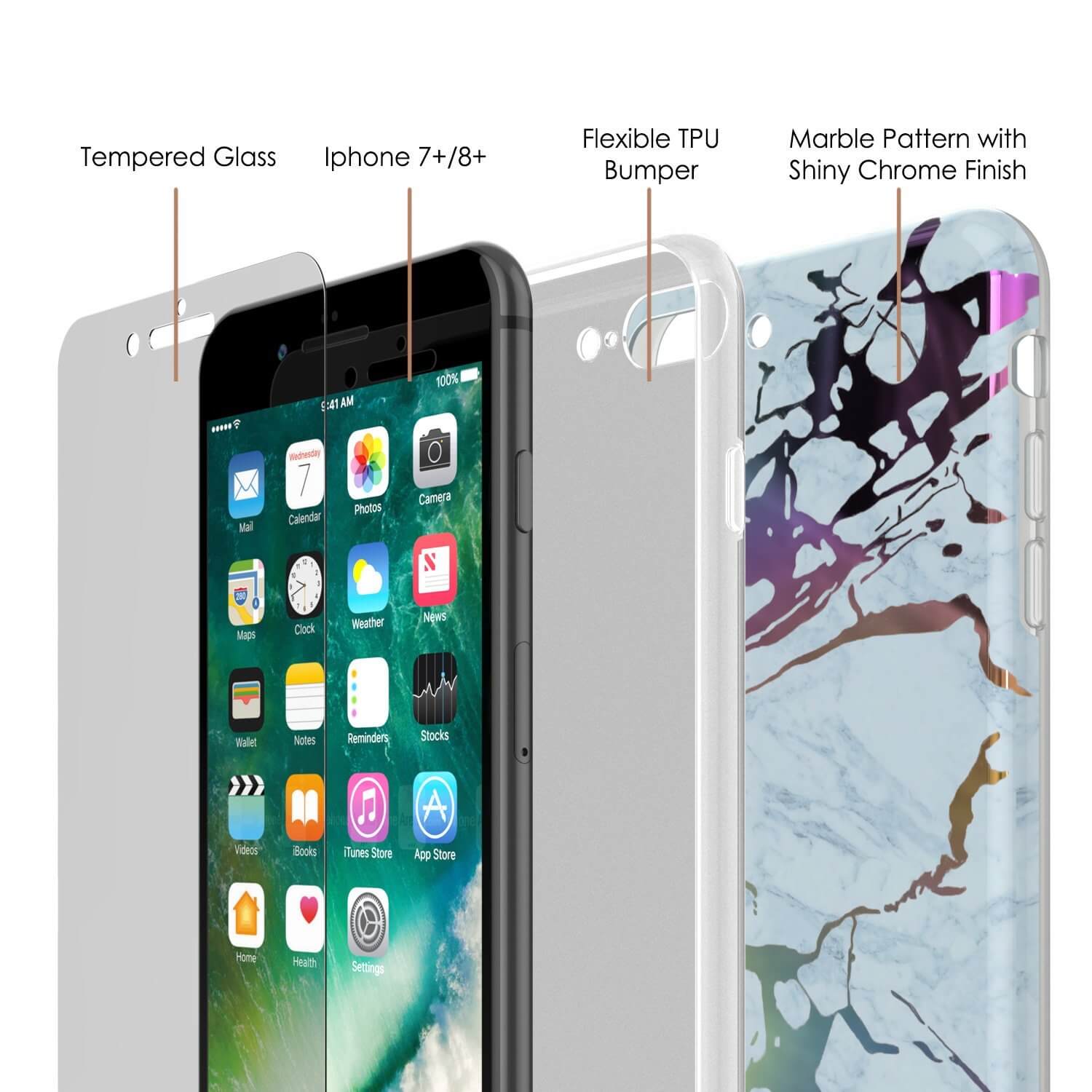 Punkcase iPhone 8+ / 7+ Plus Marble Case, Protective Full Body Cover W/9H Tempered Glass Screen Protector (Blue Marmo)