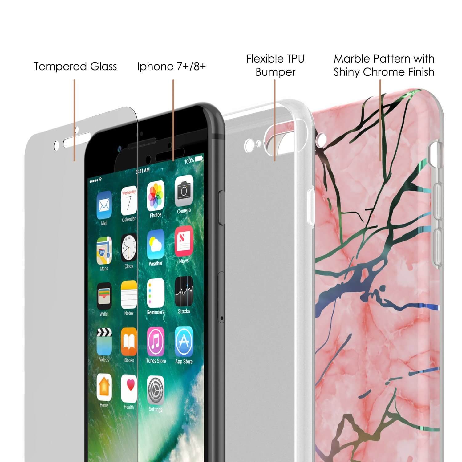 Punkcase iPhone 8+ / 7+ Plus Marble Case, Protective Full Body Cover W/9H Tempered Glass Screen Protector (Rose Mirage)