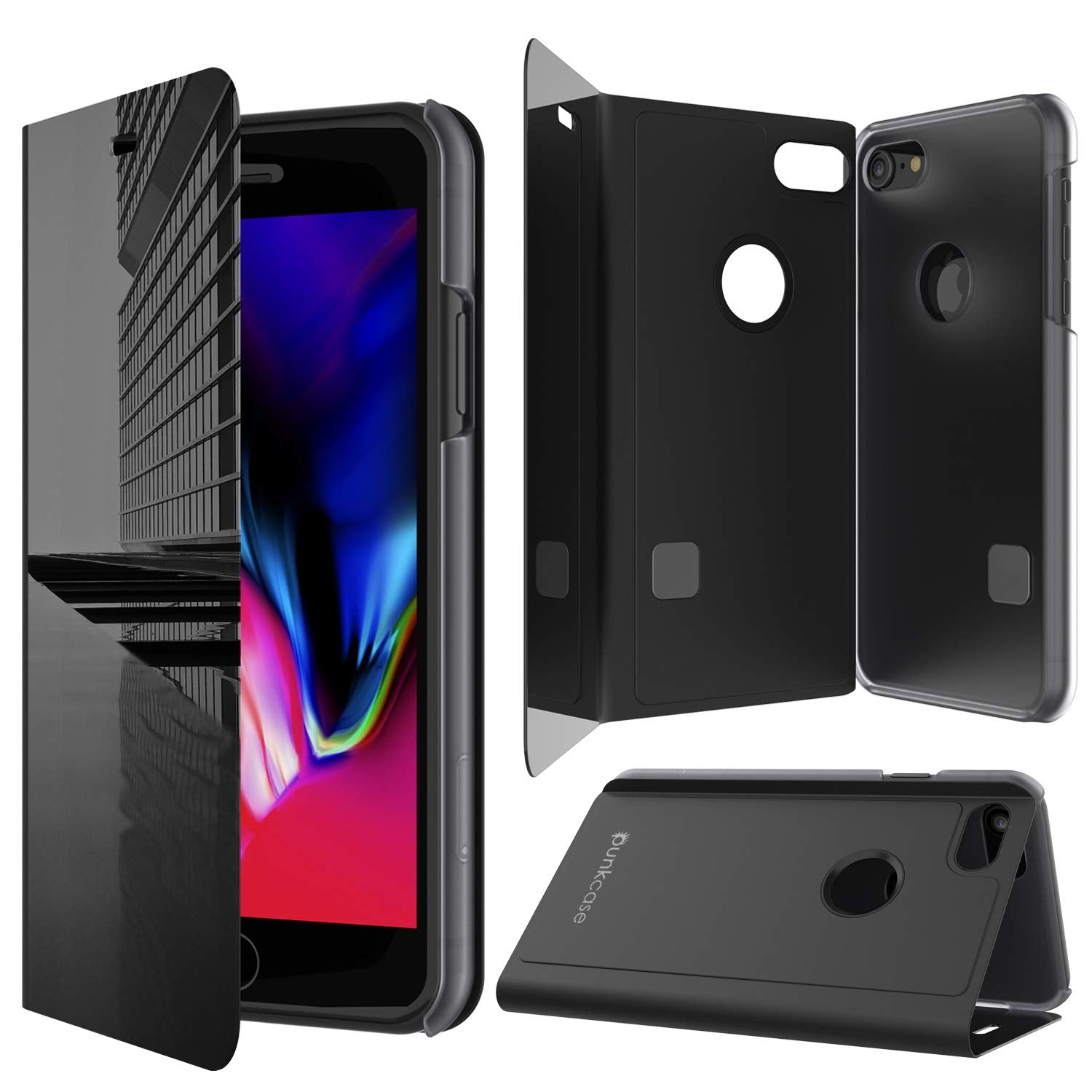 Punkcase iPhone 8 Reflector Case Protective Flip Cover [Black]