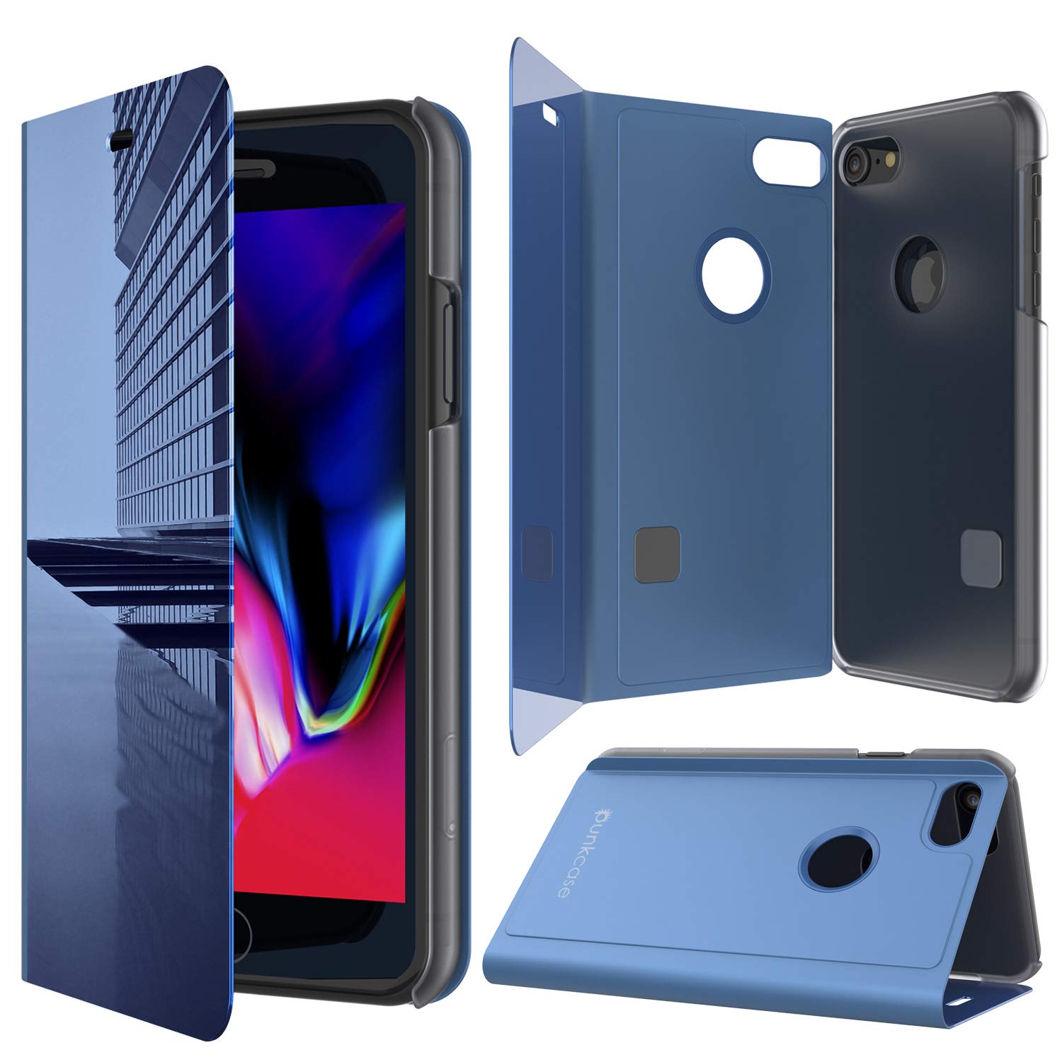 Punkcase iPhone 8 Reflector Case Protective Flip Cover [Blue]