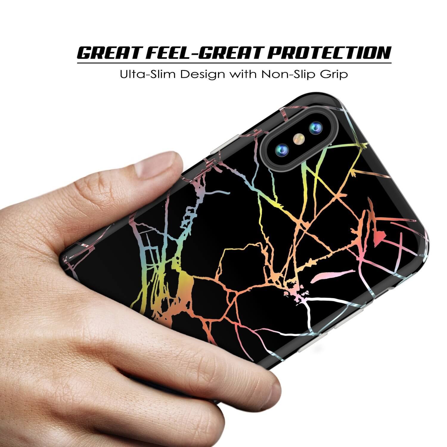 Punkcase iPhone X Marble Case, Protective Full Body Cover W/9H Tempered Glass Screen Protector (Black Mirage)