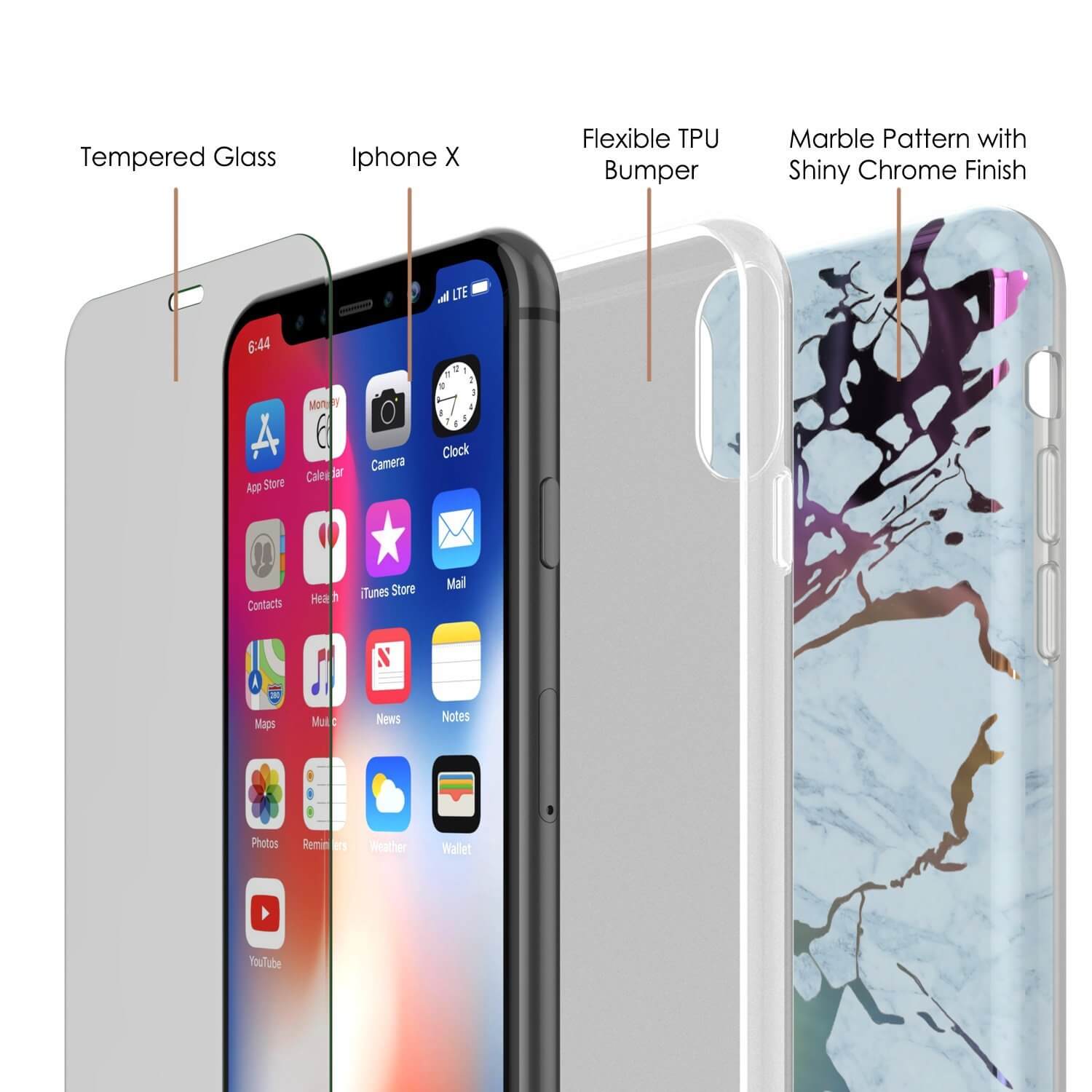 Punkcase iPhone X Marble Case, Protective Full Body Cover W/9H Tempered Glass Screen Protector (Blue Marmo)