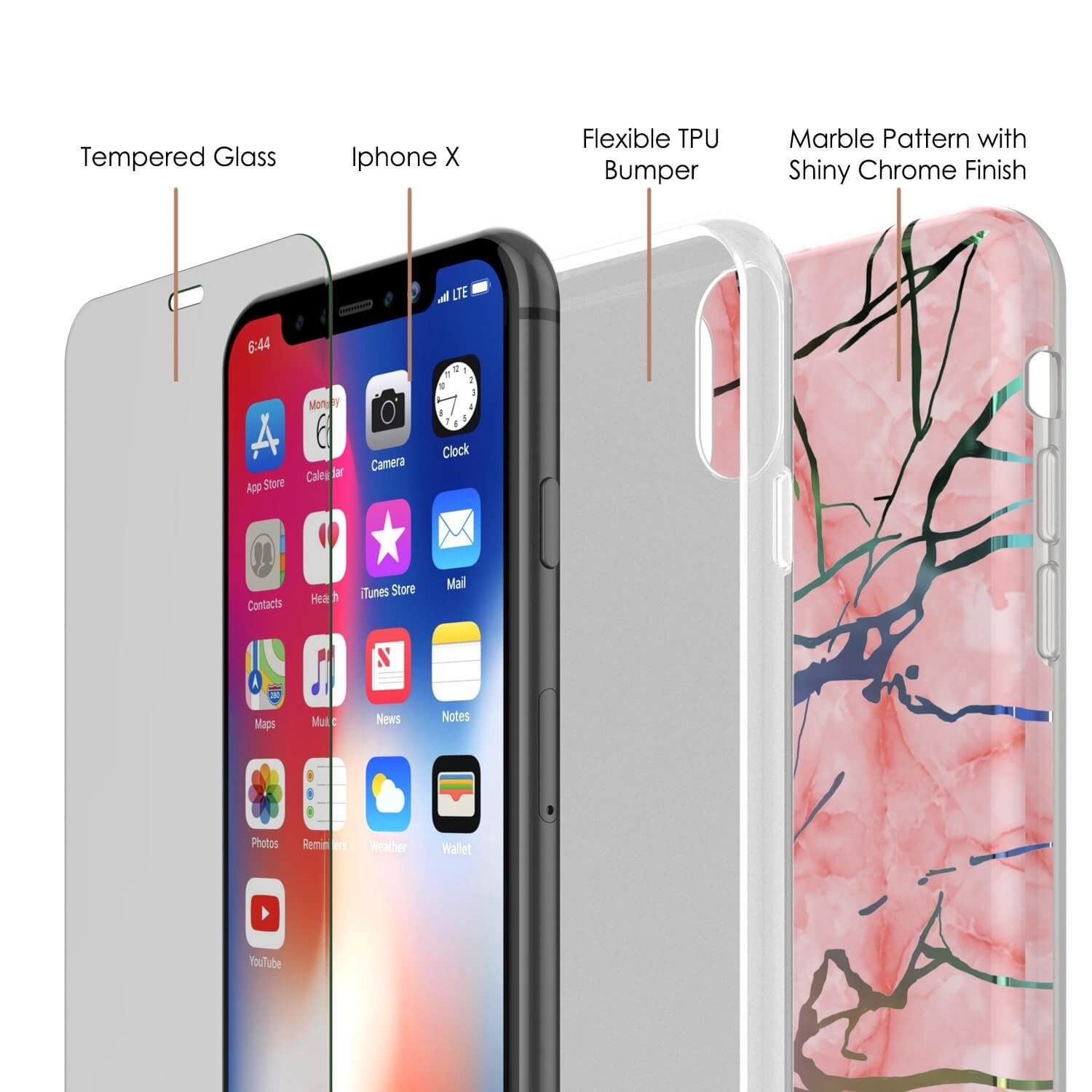 Punkcase iPhone X Marble Case, Protective Full Body Cover W/9H Tempered Glass Screen Protector (Rose Gold Mirage)