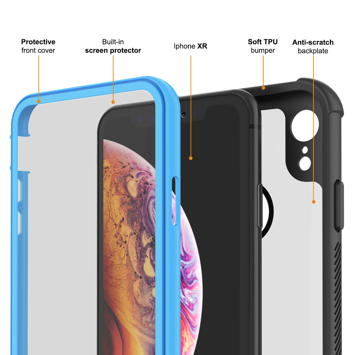 PunkCase iPhone XR Case, [Spartan Series] Clear Rugged Heavy Duty Cover W/Built in Screen Protector [Light-Blue]