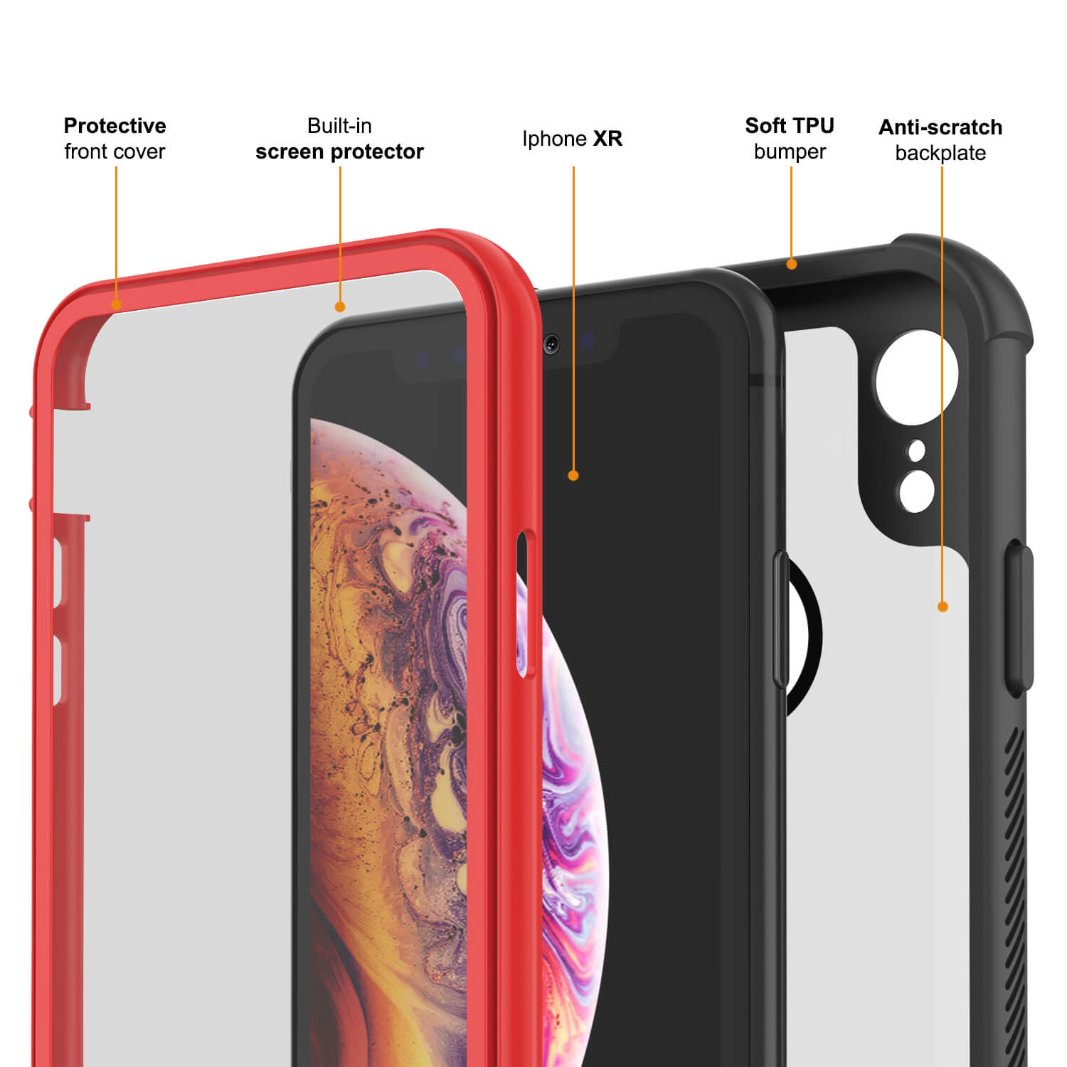 PunkCase iPhone XR Case, [Spartan Series] Clear Rugged Heavy Duty Cover W/Built in Screen Protector [Red]