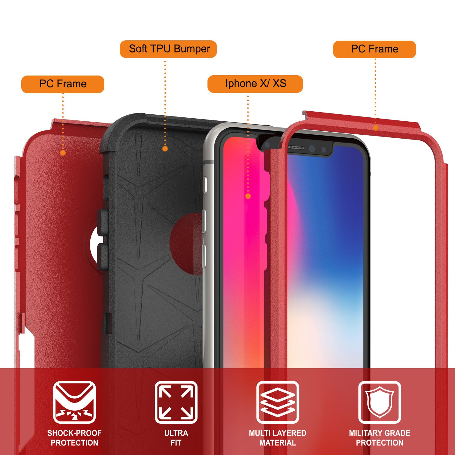 Punkcase for iPhone XS Belt Clip Multilayer Holster Case [Patron Series] [Red-Black]