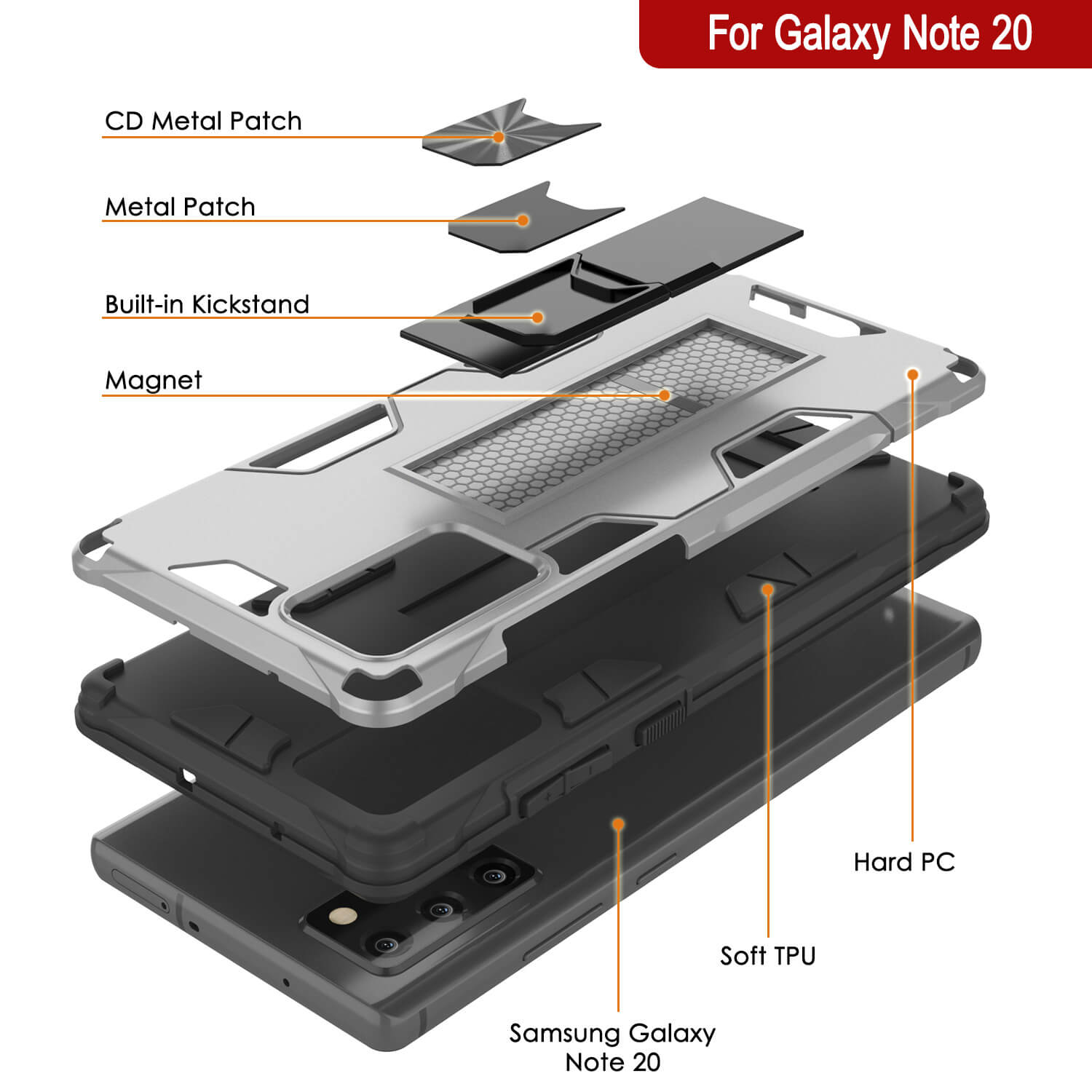 Punkcase Note 20 Case [ArmorShield Series] Military Style Protective Dual Layer Case Silver