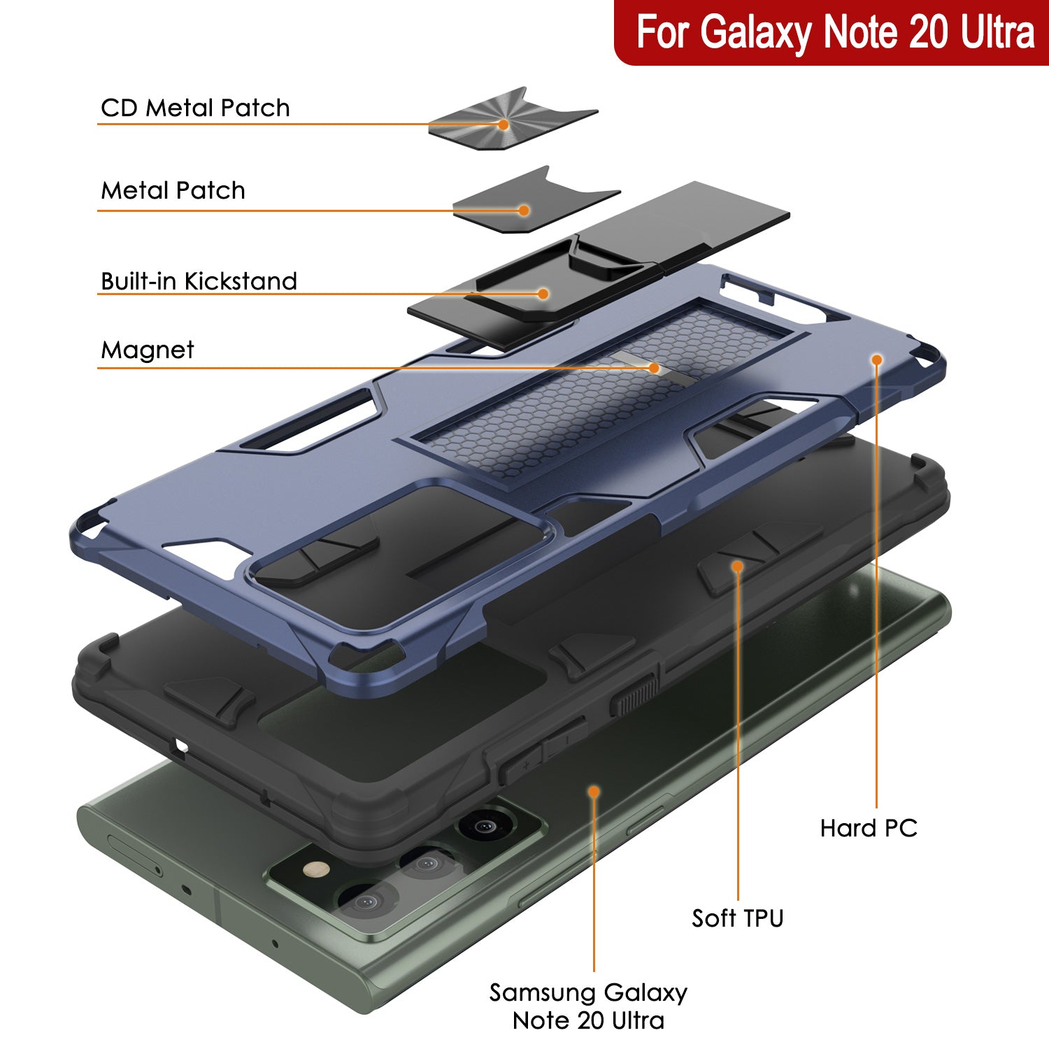 Punkcase Note 20 Ultra Case [ArmorShield Series] Military Style Protective Dual Layer Case Navy-Blue