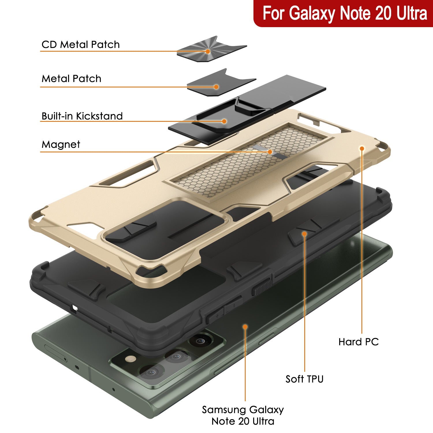 Punkcase Note 20 Ultra Case [ArmorShield Series] Military Style Protective Dual Layer Case Gold