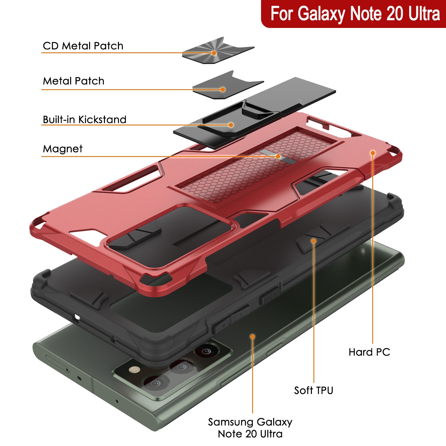 Punkcase Note 20 Ultra Case [ArmorShield Series] Military Style Protective Dual Layer Case Red