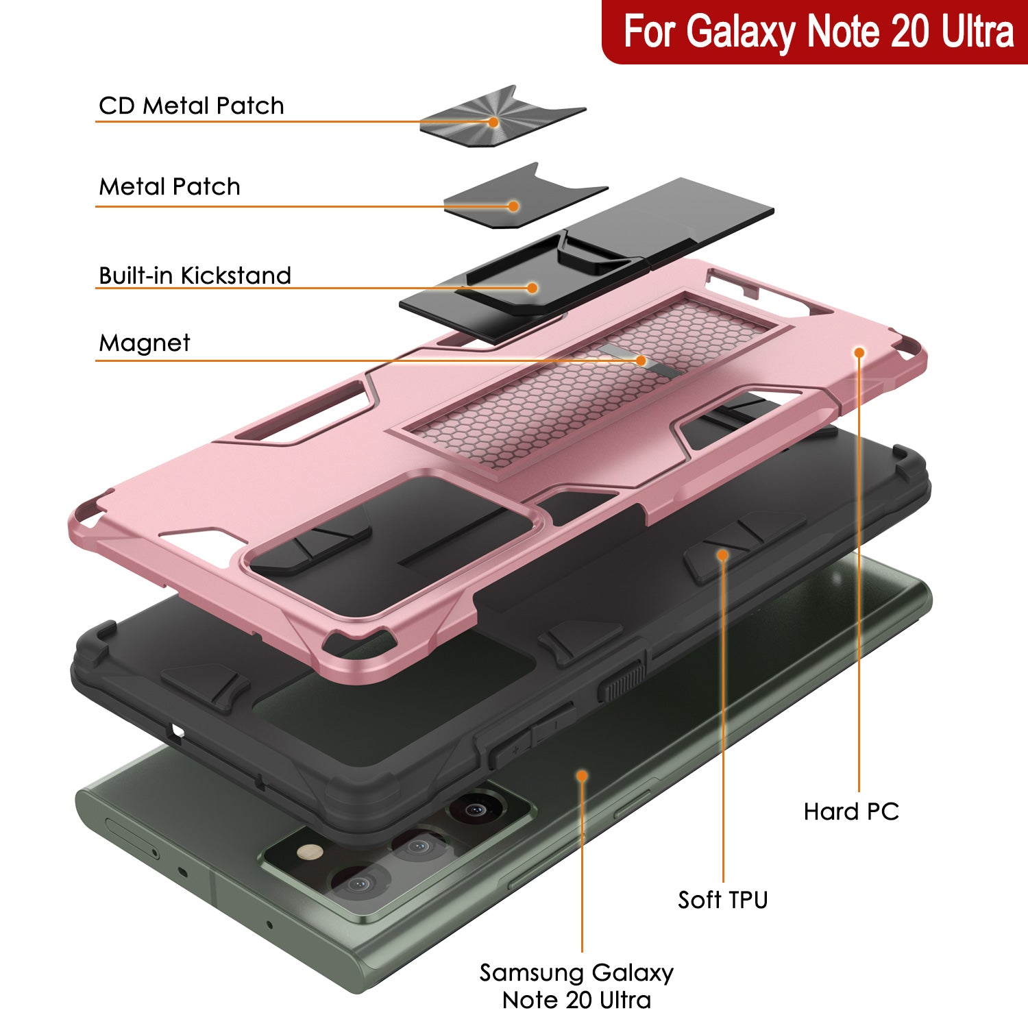 Punkcase Note 20 Ultra Case [ArmorShield Series] Military Style Protective Dual Layer Case Rose-Gold