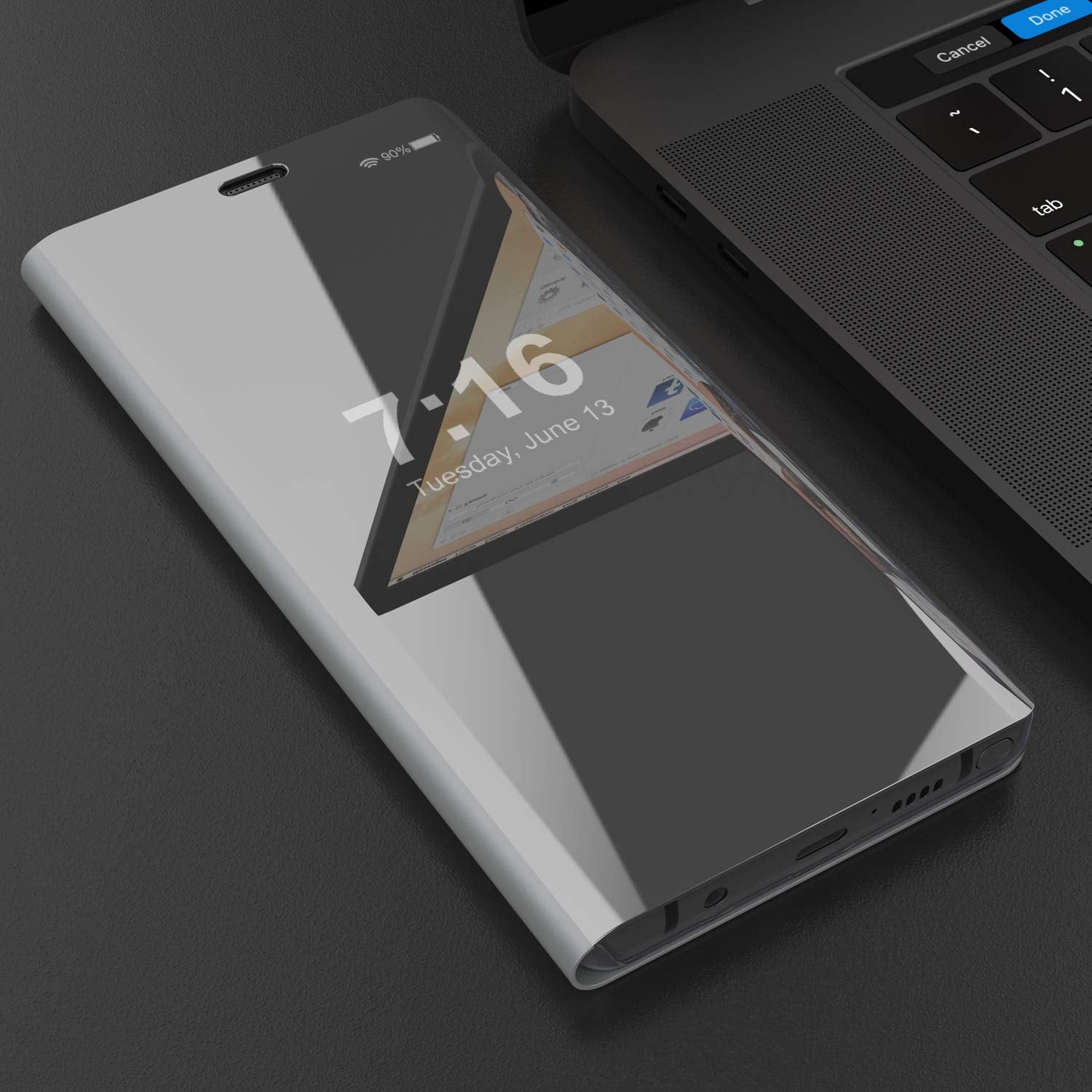 Punkcase Note 8 Reflector Case Protective Flip Cover [Silver]