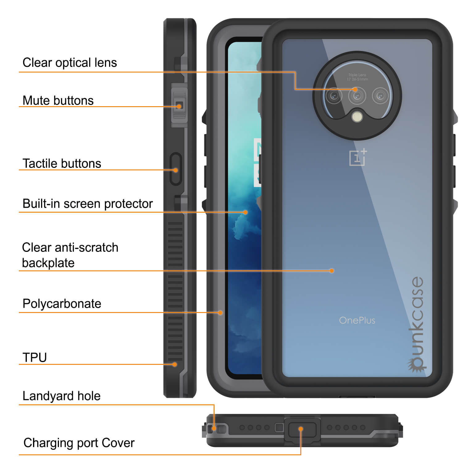 Punkcase OnePlus 7T Waterproof Case [StudStar Series] [Slim Fit] [Black]