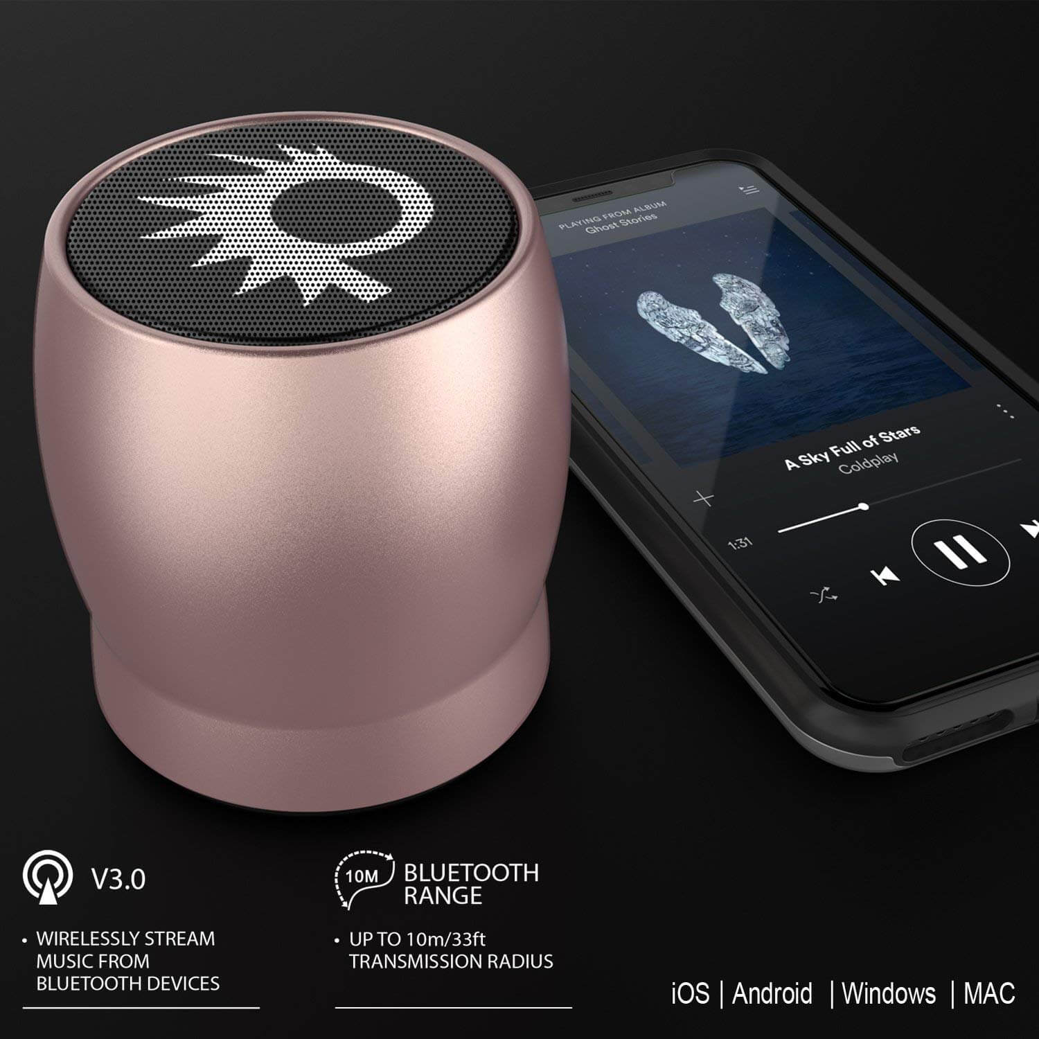 Punkcase ROCKER Portable Wireless Bluetooth Speaker for iPhone/Android [Rose Gold]