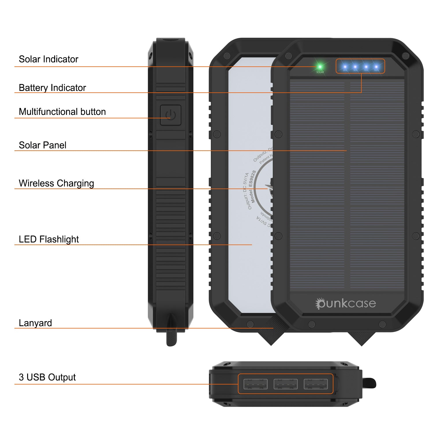 PunkCase Solar Wireless PowerBank 20000 mAh Battery Pack for Samsung & iPhone (Fold/Flip/S24/23/22/21/20) & 15/14/13/12/11/X & all Wireless Supported + iPad's [Black]