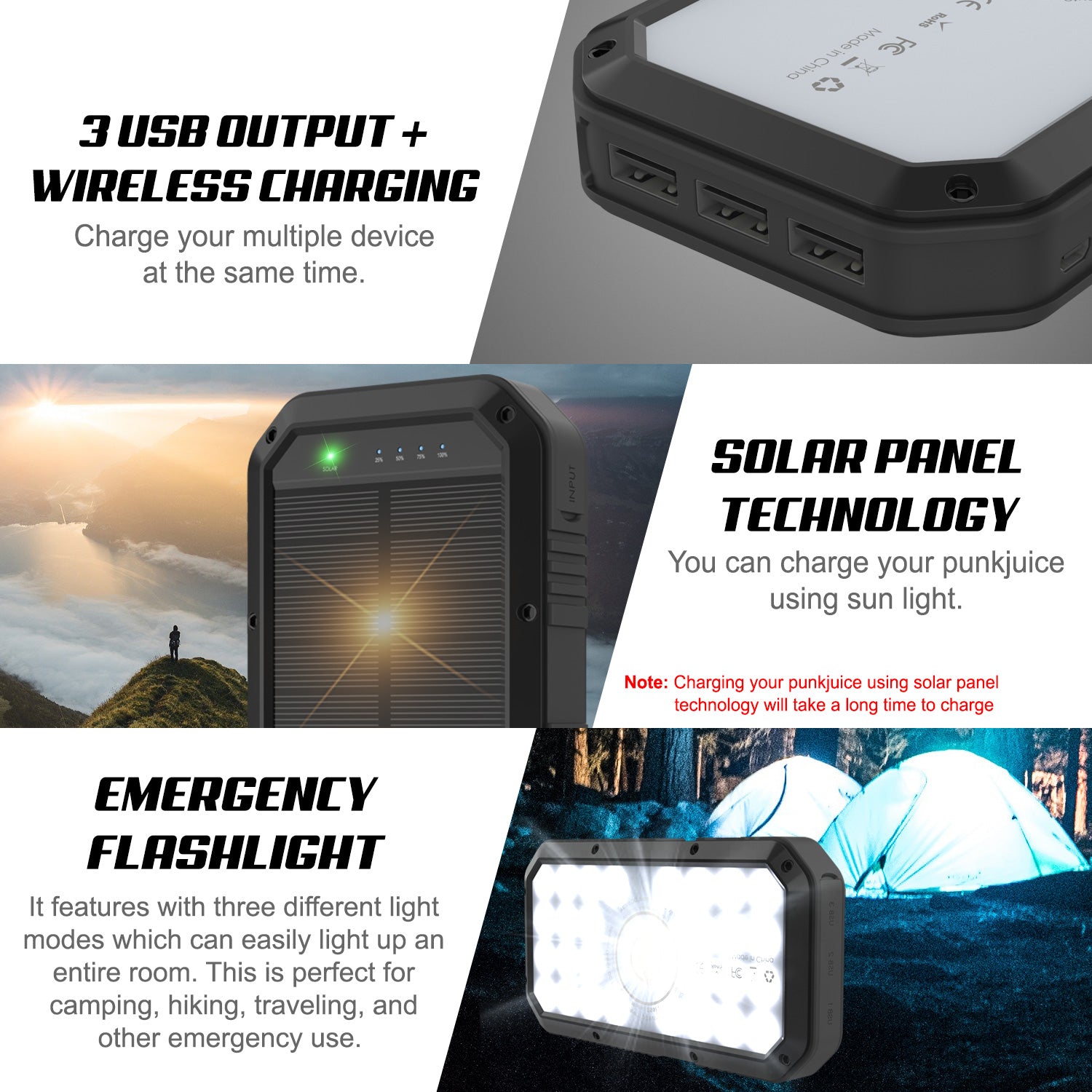 PunkCase Solar Wireless PowerBank 20000 mAh Battery Pack for Samsung & iPhone (Fold/Flip/S24/23/22/21/20) & 15/14/13/12/11/X & all Wireless Supported + iPad's [Black]