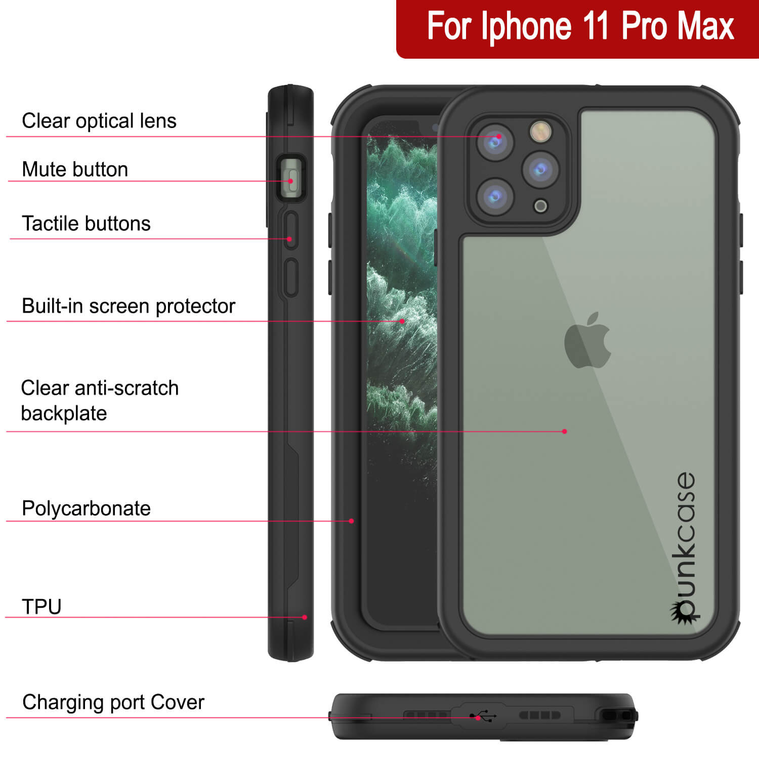 iPhone 11 Pro Max Waterproof IP68 Case, Punkcase [Black] [Rapture Series]  W/Built in Screen Protector