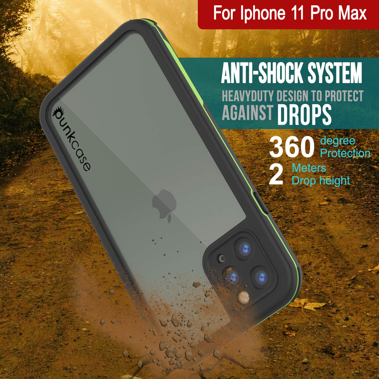 iPhone 11 Pro Max Waterproof IP68 Case, Punkcase [Green] [Rapture Series]  W/Built in Screen Protector