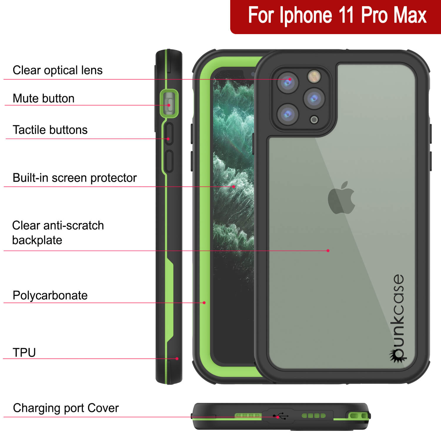 iPhone 11 Pro Max Waterproof IP68 Case, Punkcase [Green] [Rapture Series]  W/Built in Screen Protector