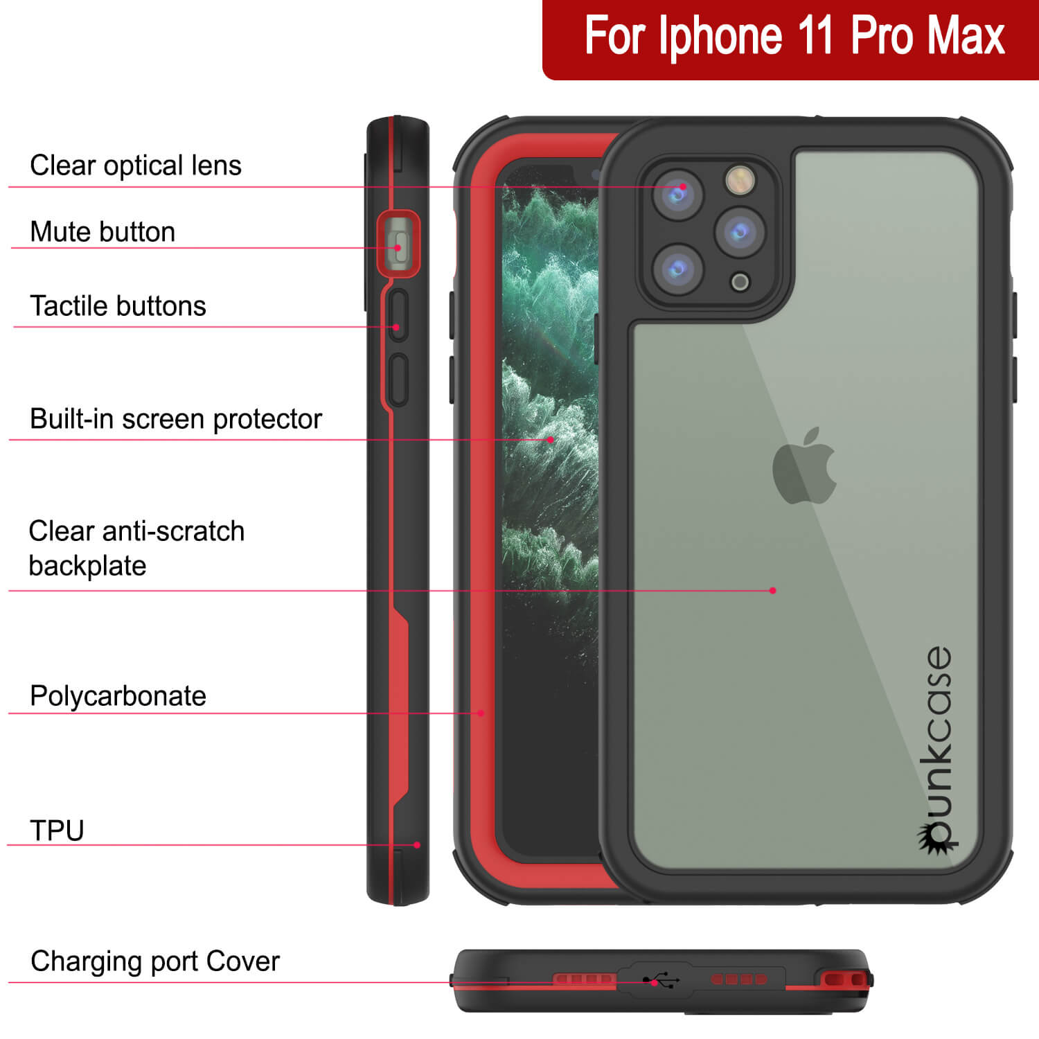 iPhone 11 Pro Max Waterproof IP68 Case, Punkcase [red] [Rapture Series]  W/Built in Screen Protector