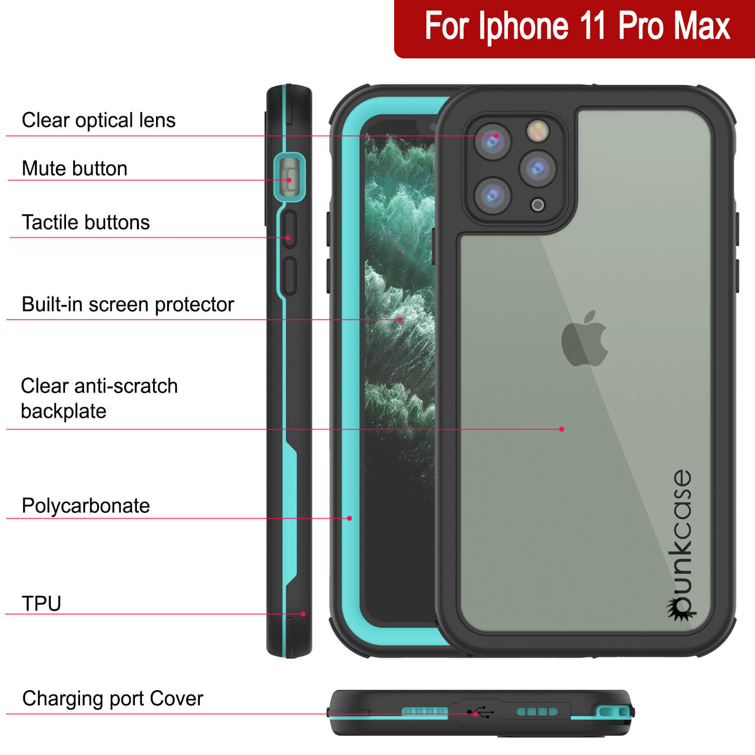 iPhone 11 Pro Max Waterproof IP68 Case, Punkcase [teal] [Rapture Series]  W/Built in Screen Protector