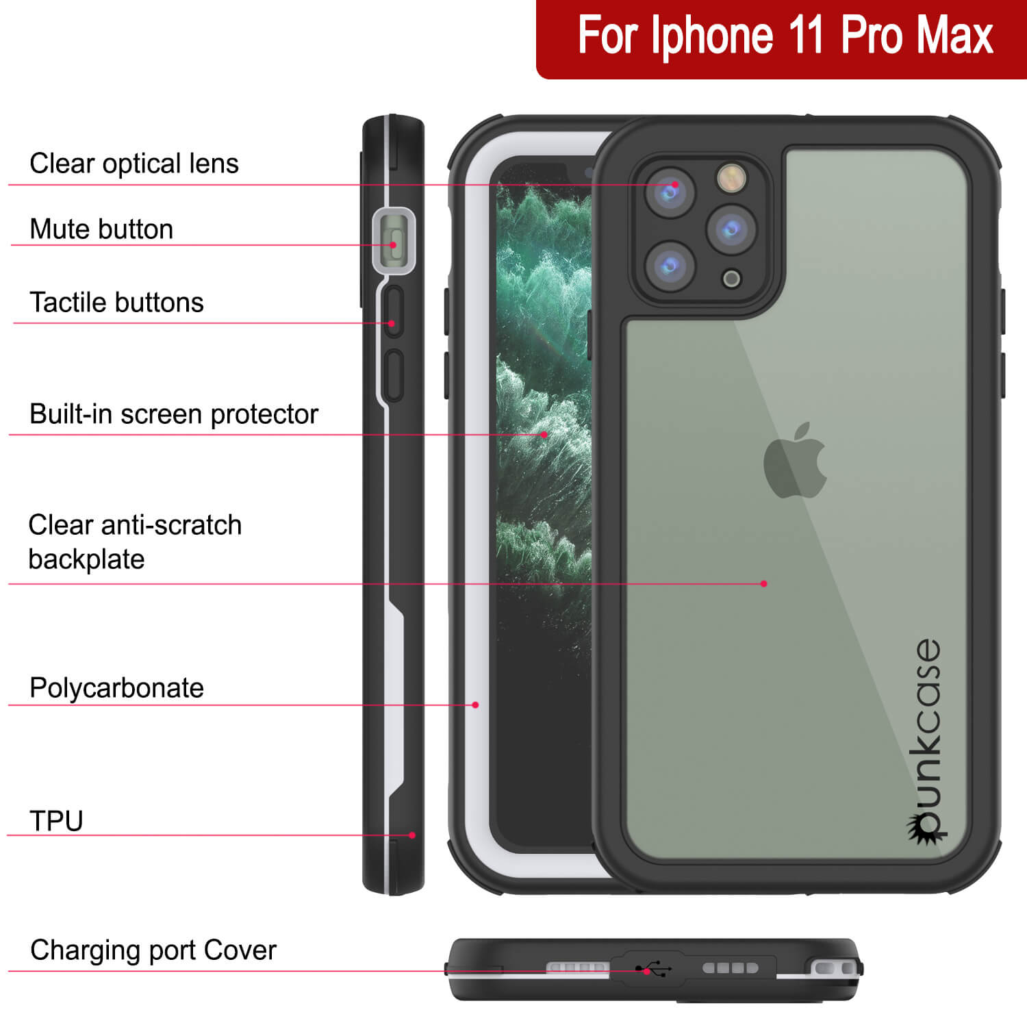 iPhone 11 Pro Max Waterproof IP68 Case, Punkcase [white] [Rapture Series]  W/Built in Screen Protector