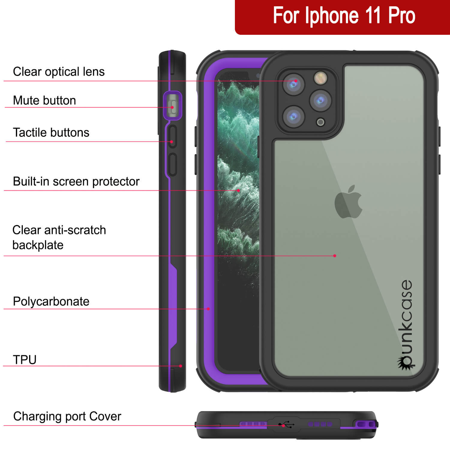 iPhone 11 Pro Waterproof IP68 Case, Punkcase [Purple] [Rapture Series]  W/Built in Screen Protector