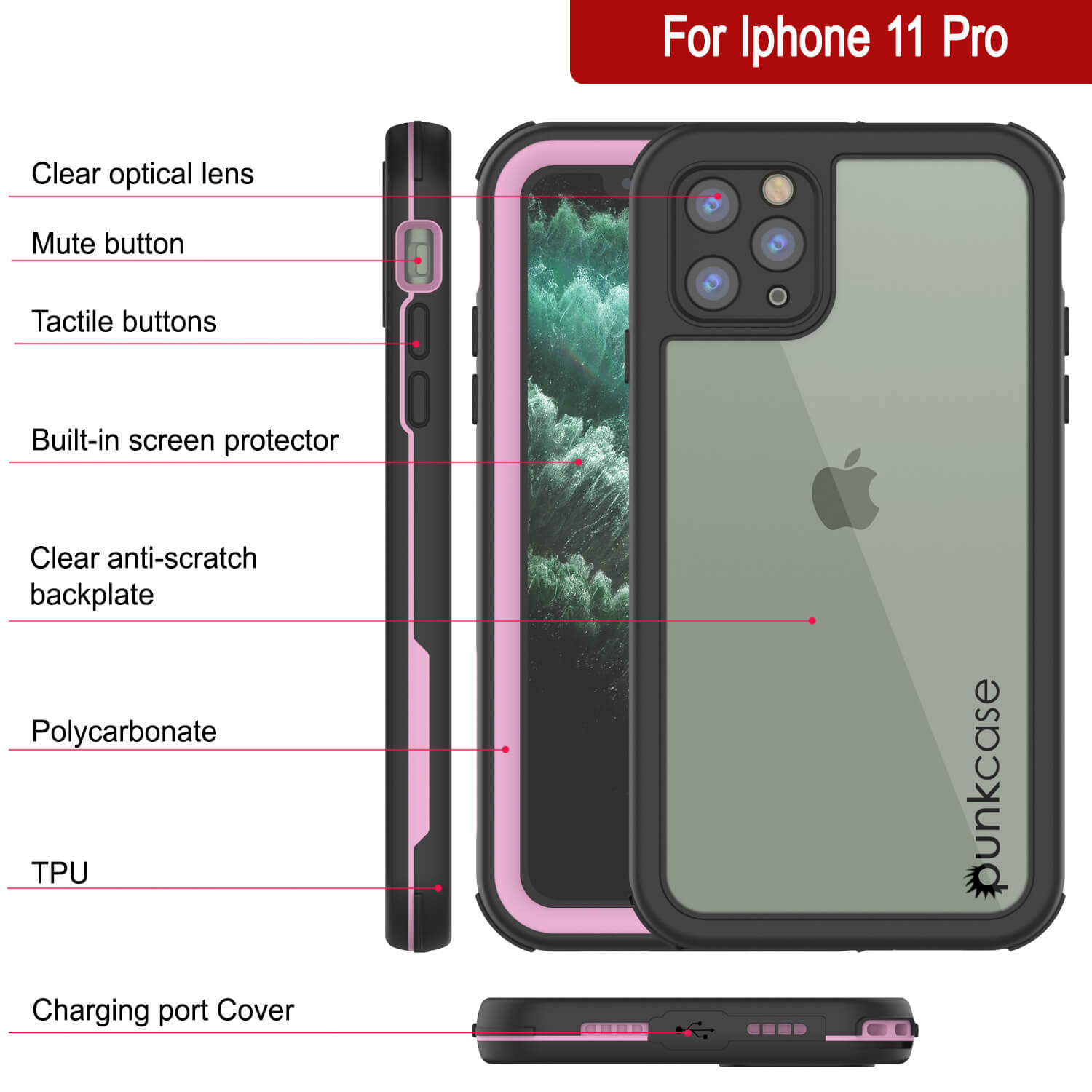 iPhone 11 Pro Waterproof IP68 Case, Punkcase [pink] [Rapture Series]  W/Built in Screen Protector