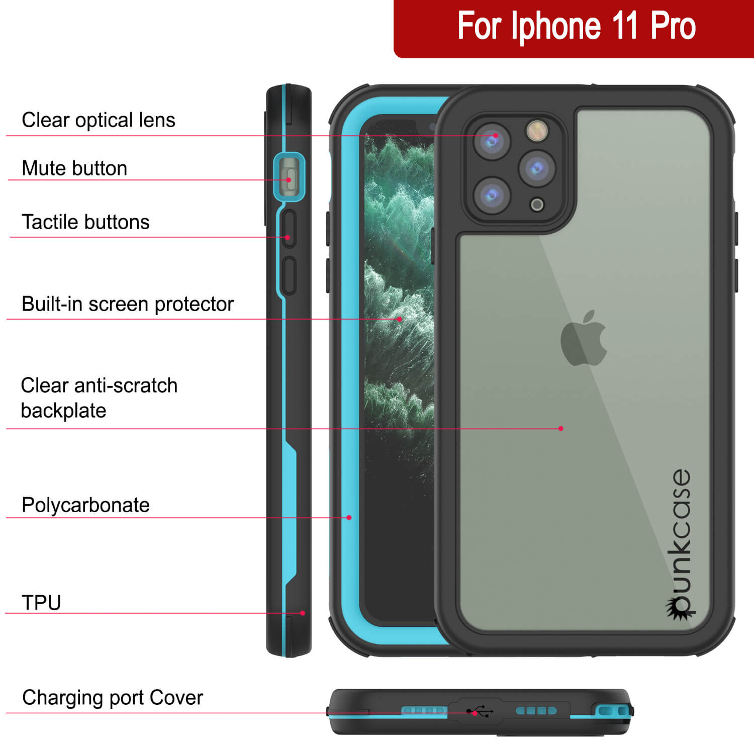 iPhone 11 Pro Waterproof IP68 Case, Punkcase [Blue] [Rapture Series]  W/Built in Screen Protector