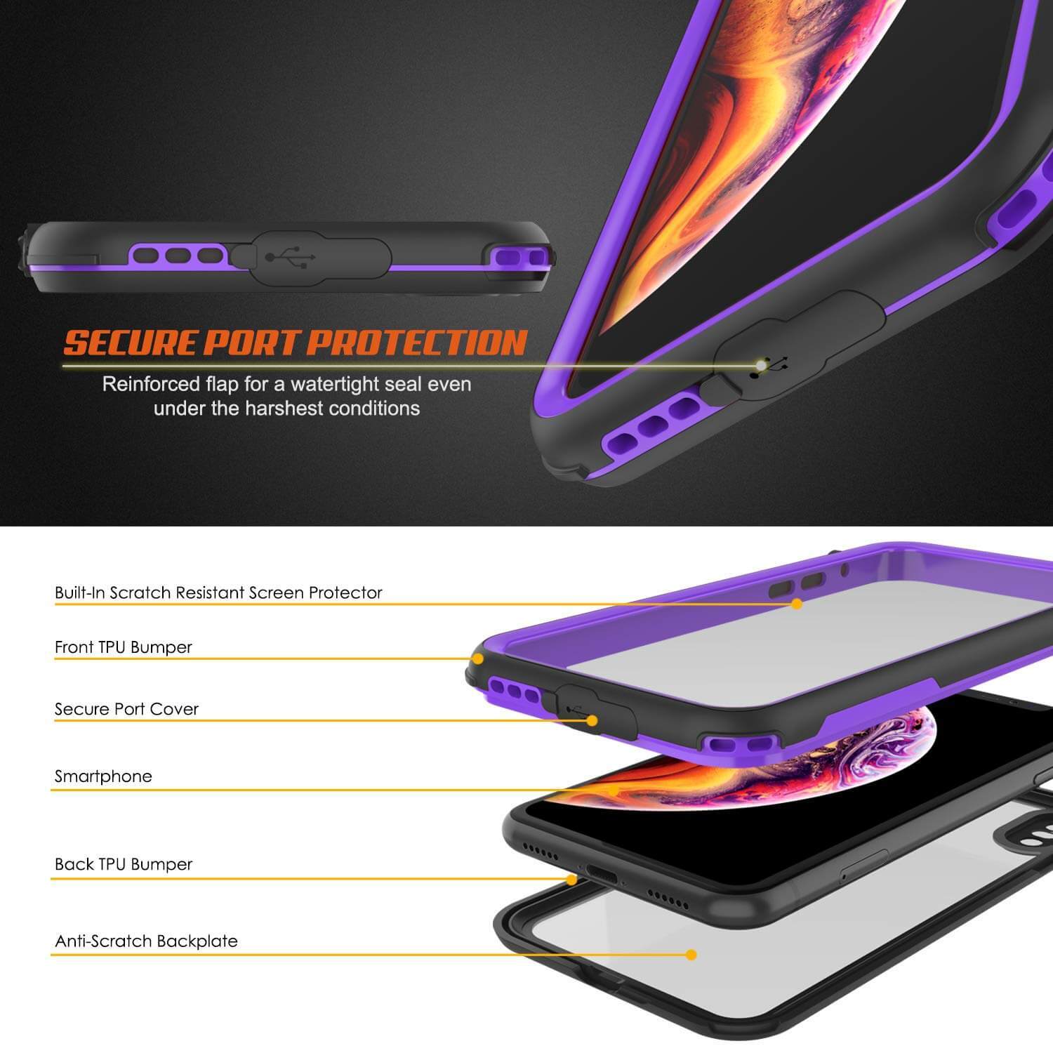 iPhone XS Max Waterproof IP68 Case, Punkcase [Purple] [Rapture Series]  W/Built in Screen Protector