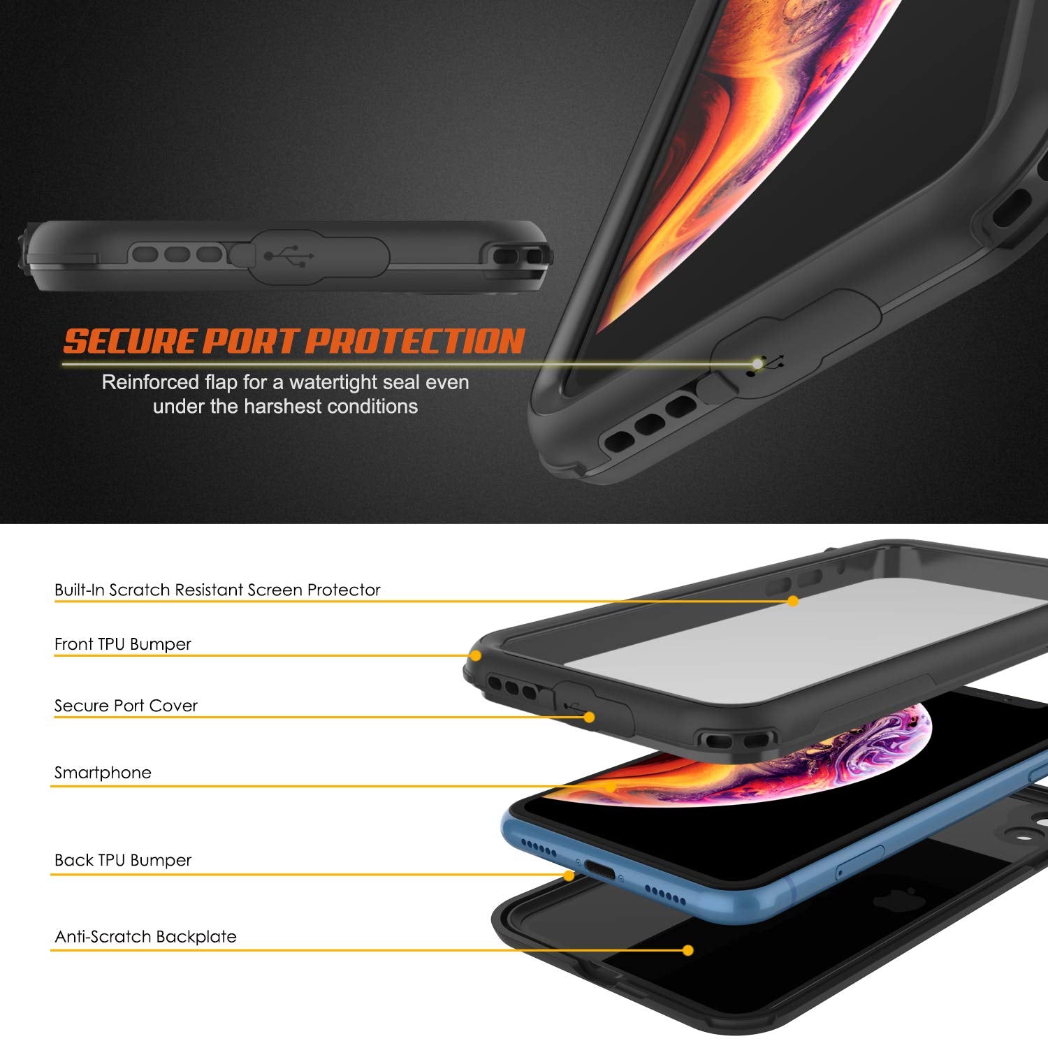 iPhone XR Waterproof IP68 Case, Punkcase [Shiny Black] [Rapture Series]  W/Built in Screen Protector