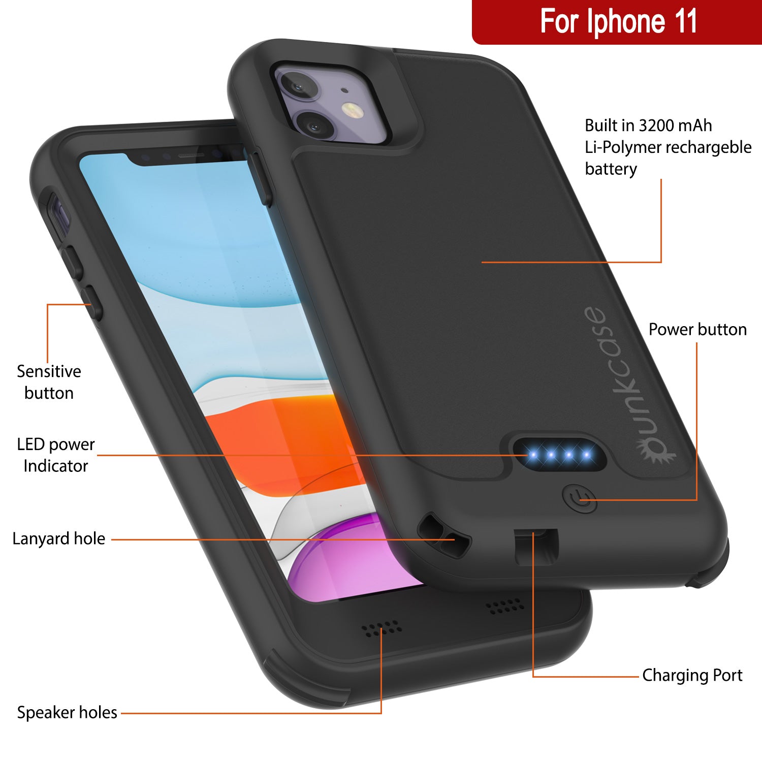 PunkJuice iPhone 11 Battery Case Waterproof Slim 3200mAh [Black