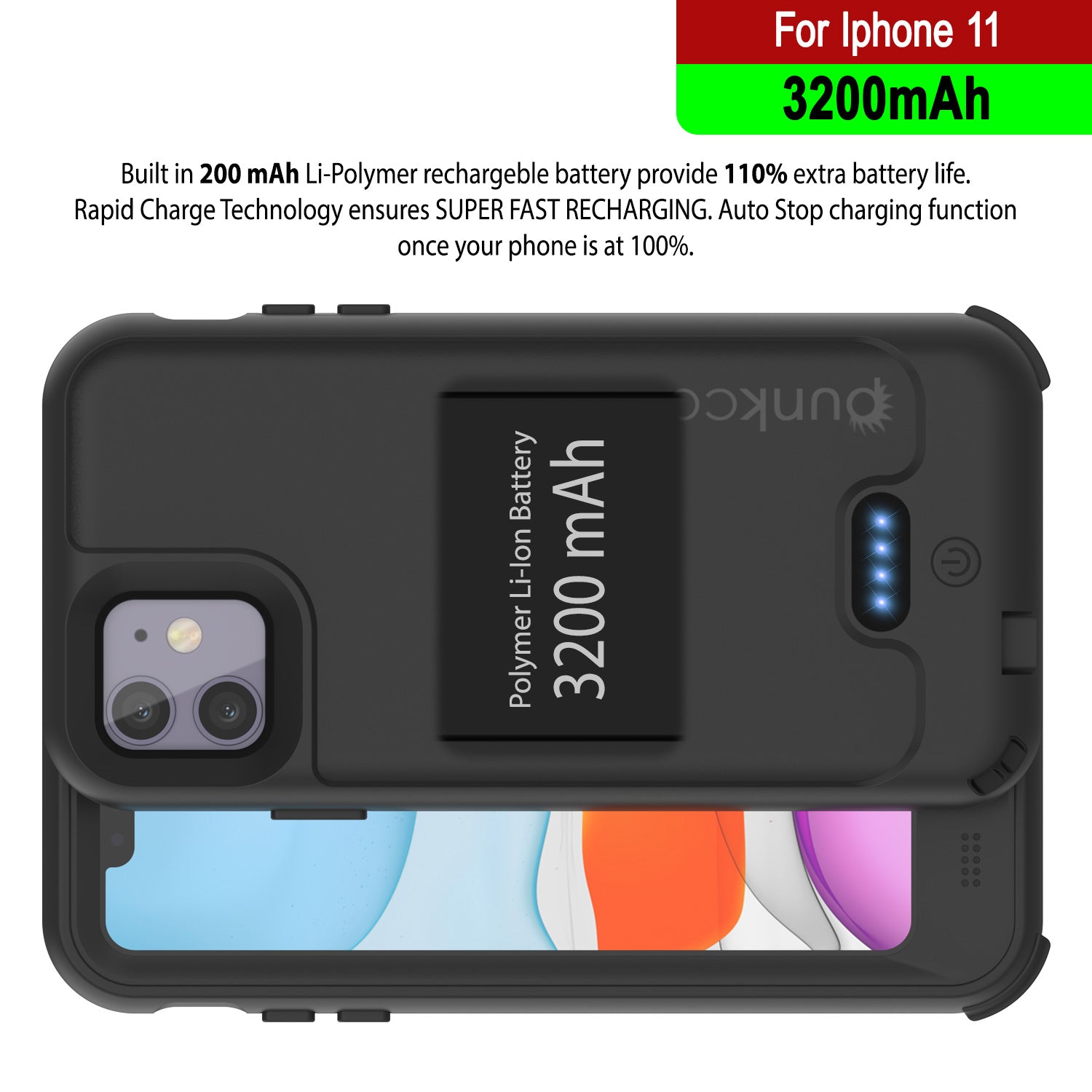 PunkJuice iPhone 11 Battery Case Waterproof Slim 3200mAh [Black