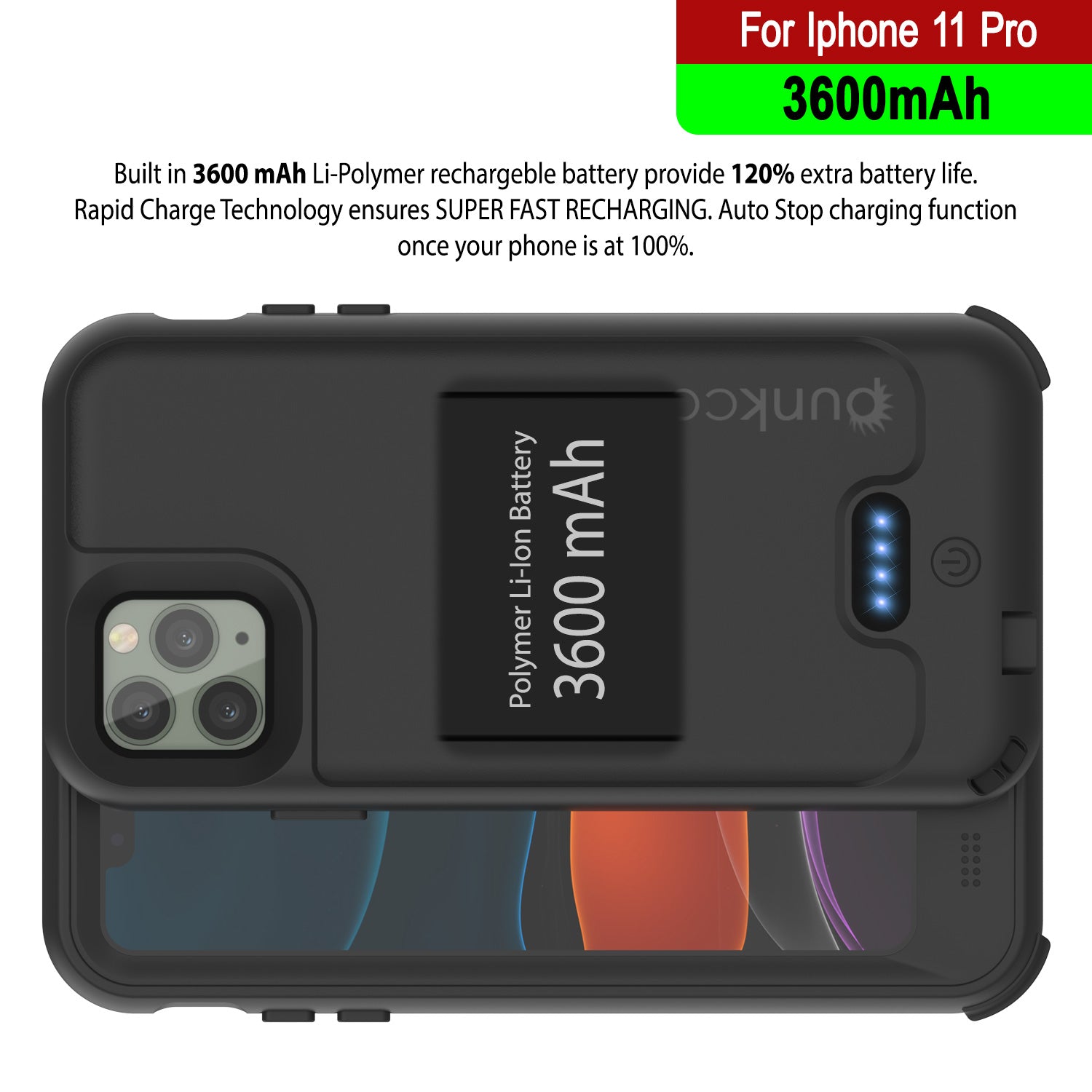 PunkJuice iPhone 11 Pro Battery Case Waterproof Slim 3600mAh