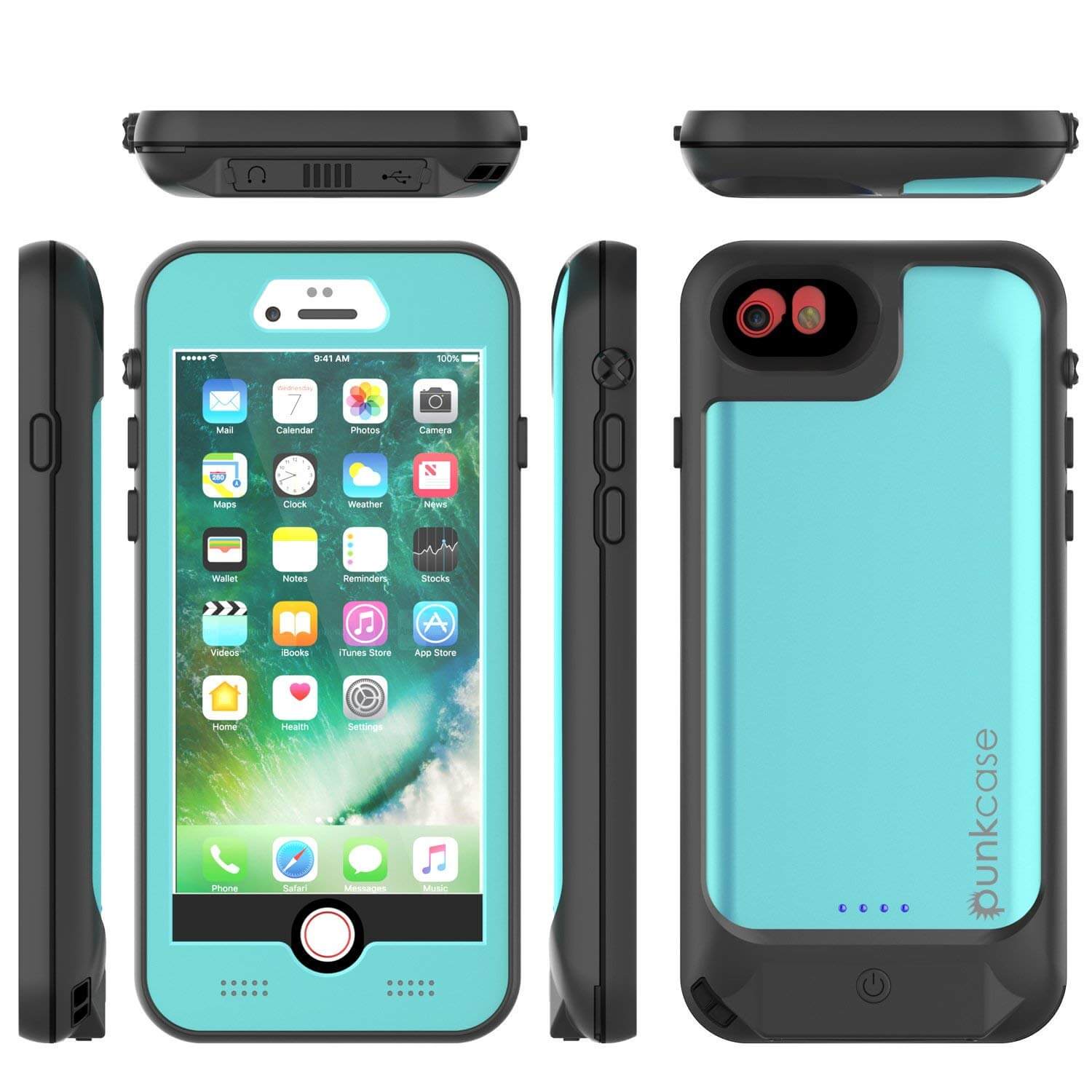PunkJuice iPhone 7 Battery Case Teal - Waterproof Slim Power Juice Bank with 2750mAh