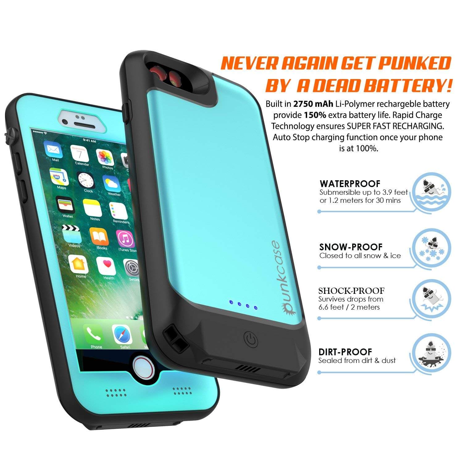 PunkJuice iPhone 8/7 Battery Case Teal - Waterproof Slim Power Juice Bank with 2750mAh
