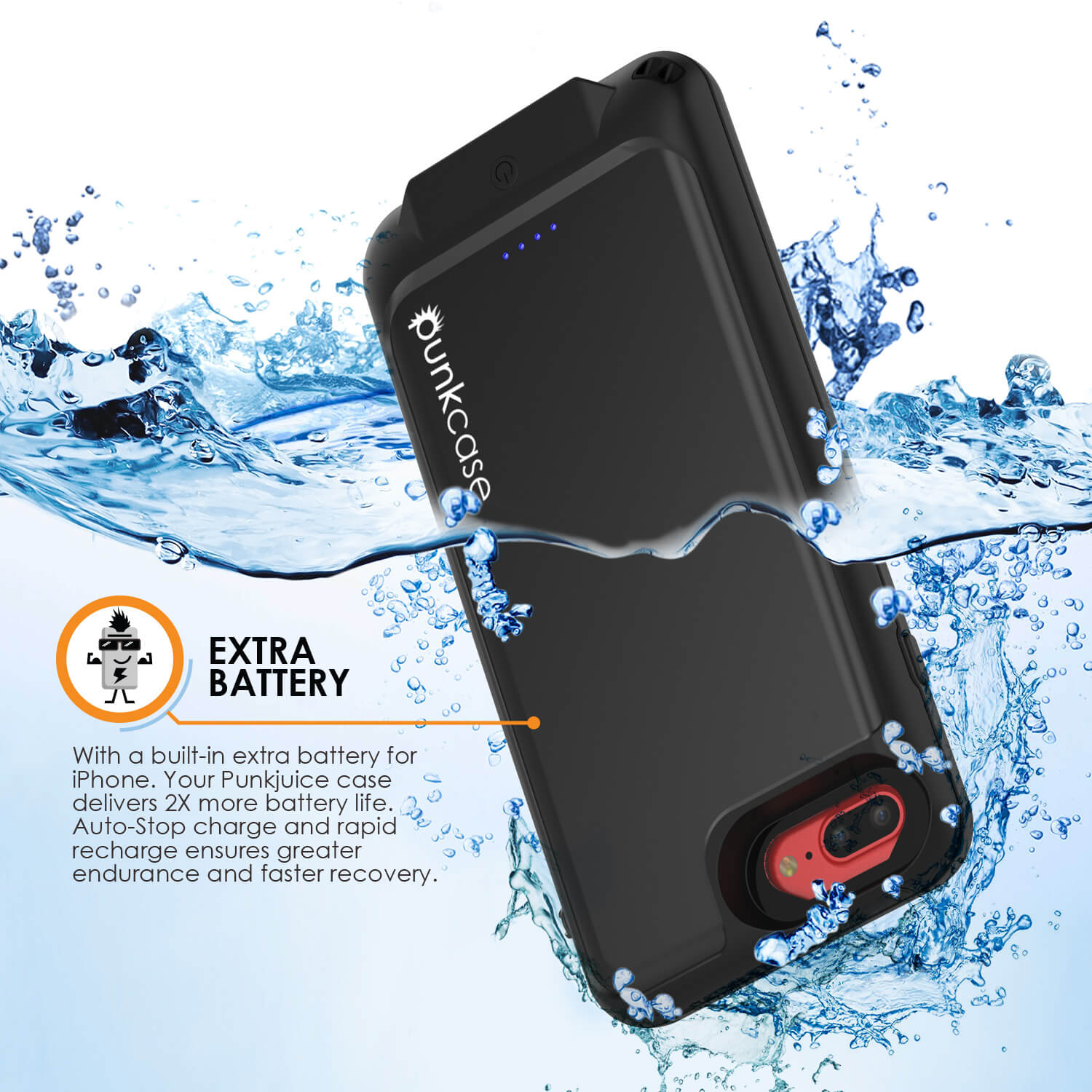 PunkJuice iPhone 8+/7+Plus Battery Case Black - Waterproof Slim Power Juice  Bank with 4300mAh