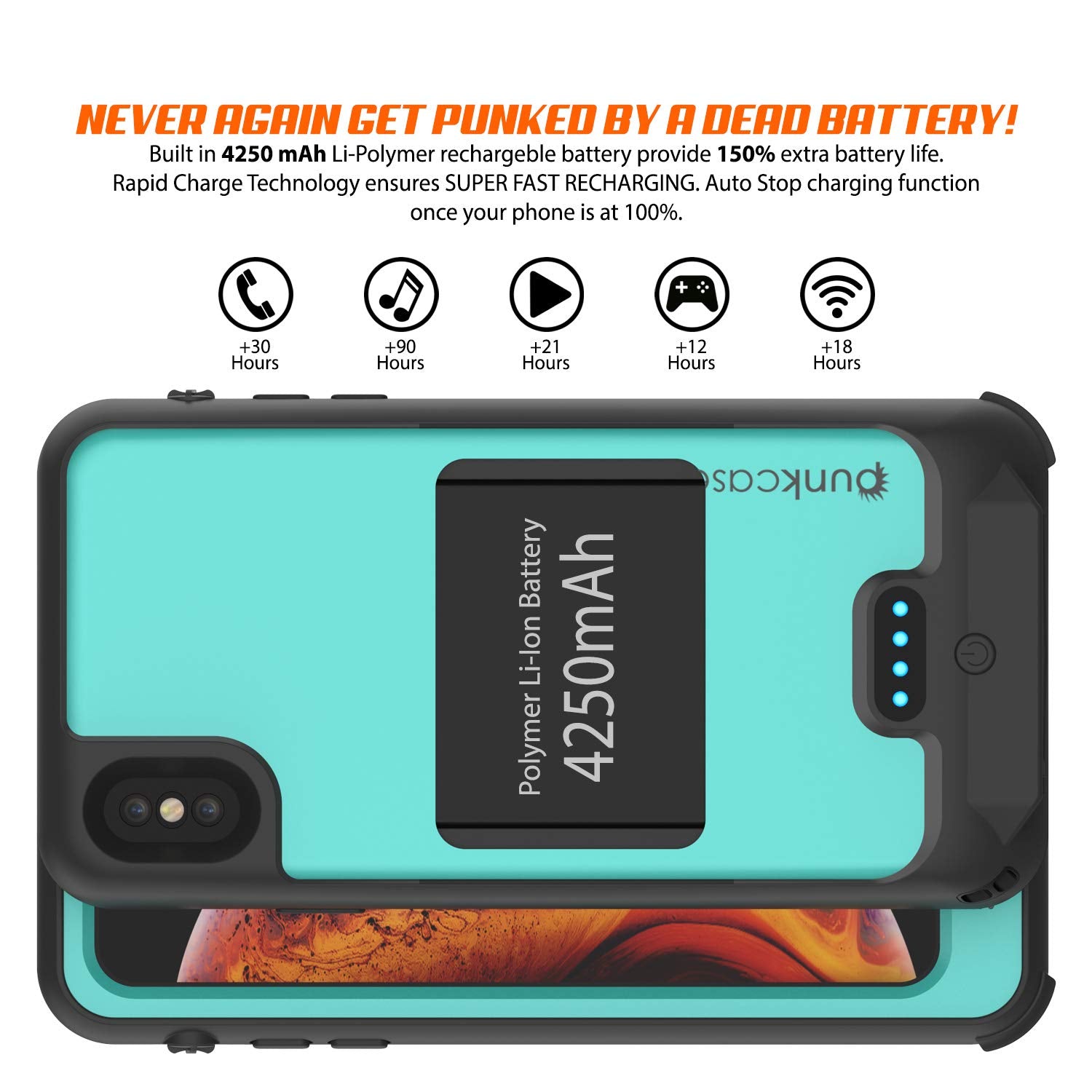 PunkJuice iPhone XS Battery Case, Waterproof, IP68 Certified [Ultra Slim] [Teal]
