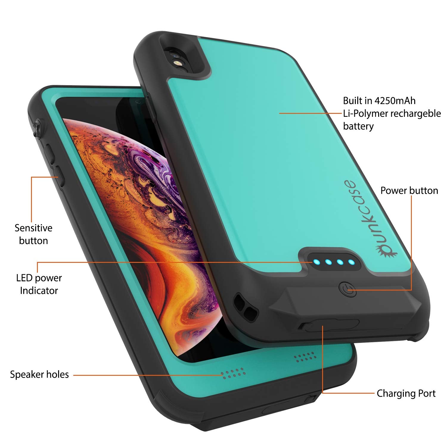 PunkJuice iPhone XS Battery Case, Waterproof, IP68 Certified [Ultra Slim] [Teal]
