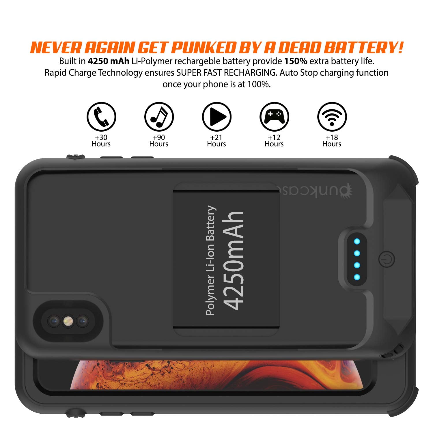 PunkJuice iPhone XS Battery Case, Waterproof, IP68 Certified [Ultra Slim] [Black]