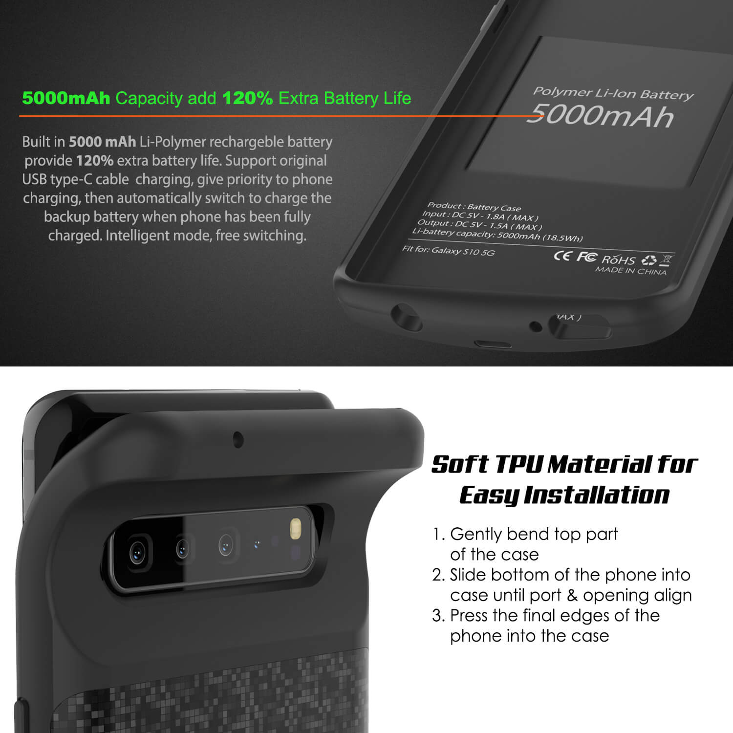 PunkJuice S10 5G Battery Case Black Pattern - Fast Charging Power Juice Bank with 4700mAh