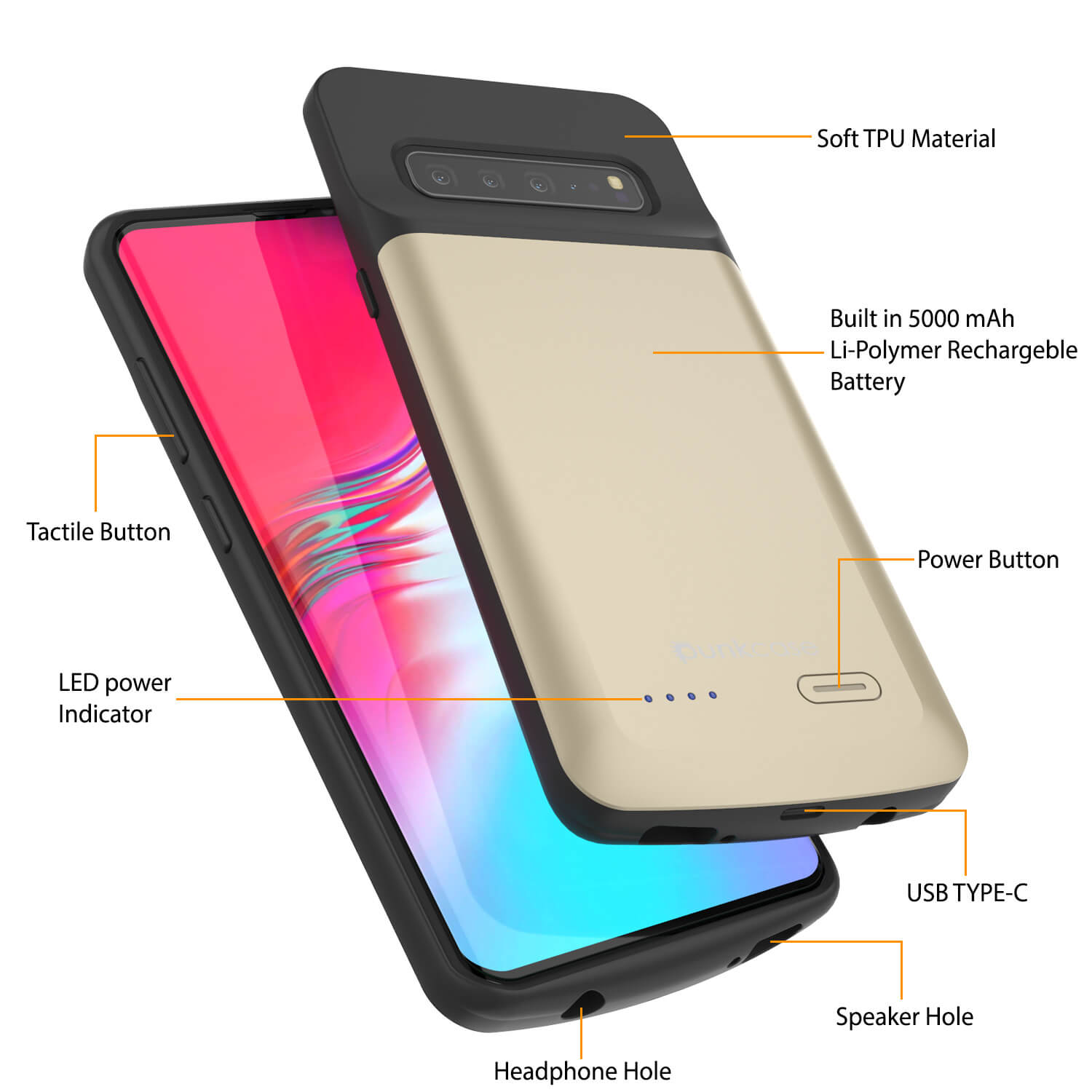 PunkJuice S10 5G Battery Case Gold - Fast Charging Power Juice Bank with 4700mAh