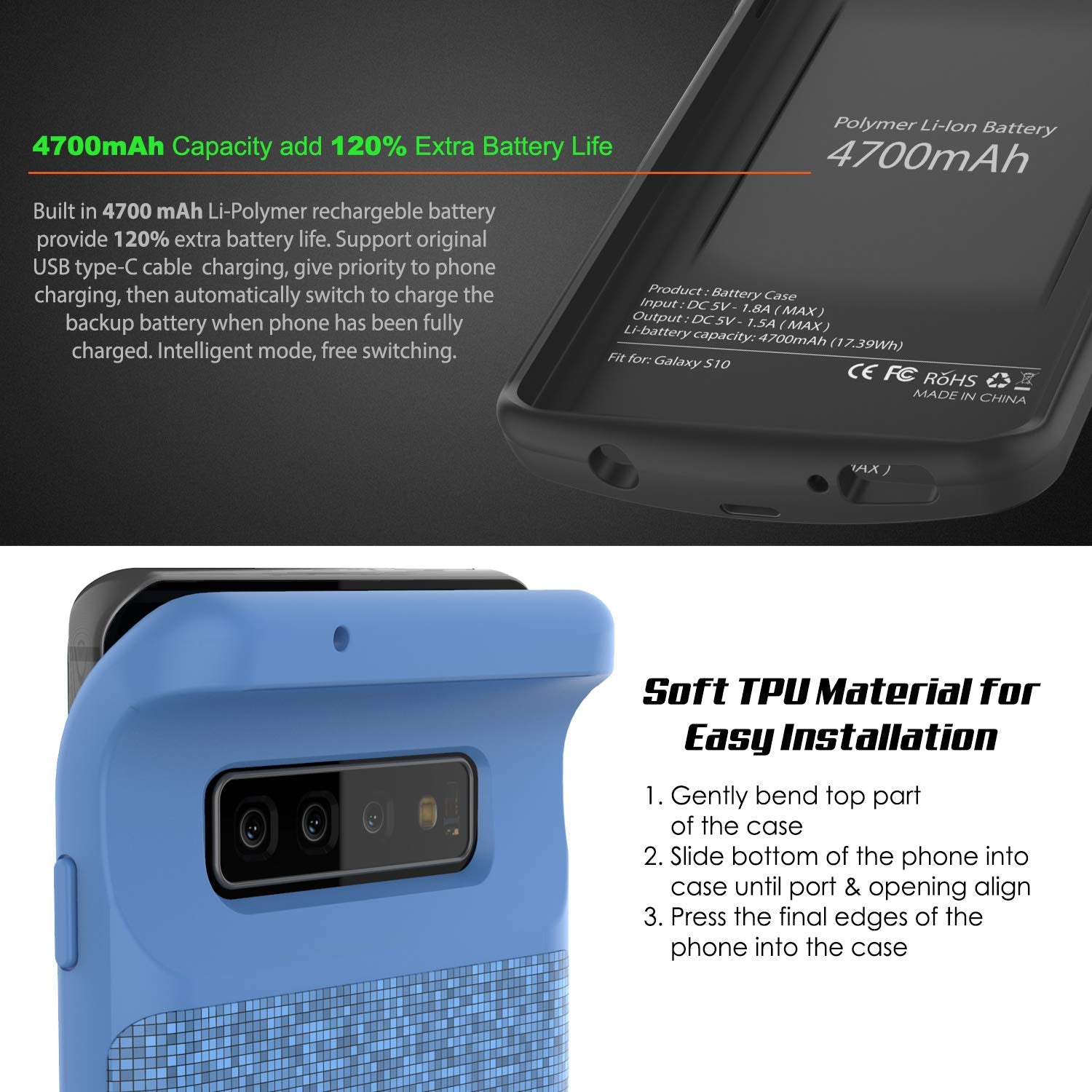 PunkJuice S10 Battery Case Blue - Fast Charging Power Juice Bank with 4700mAh