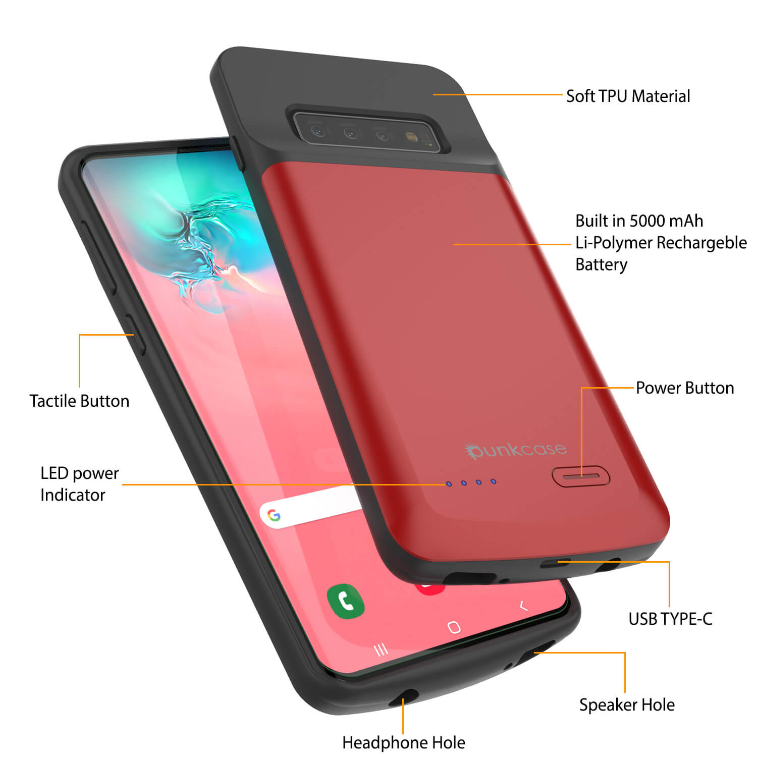 PunkJuice S10+ Plus Battery Case Red - Fast Charging Power Juice Bank with 5000mAh