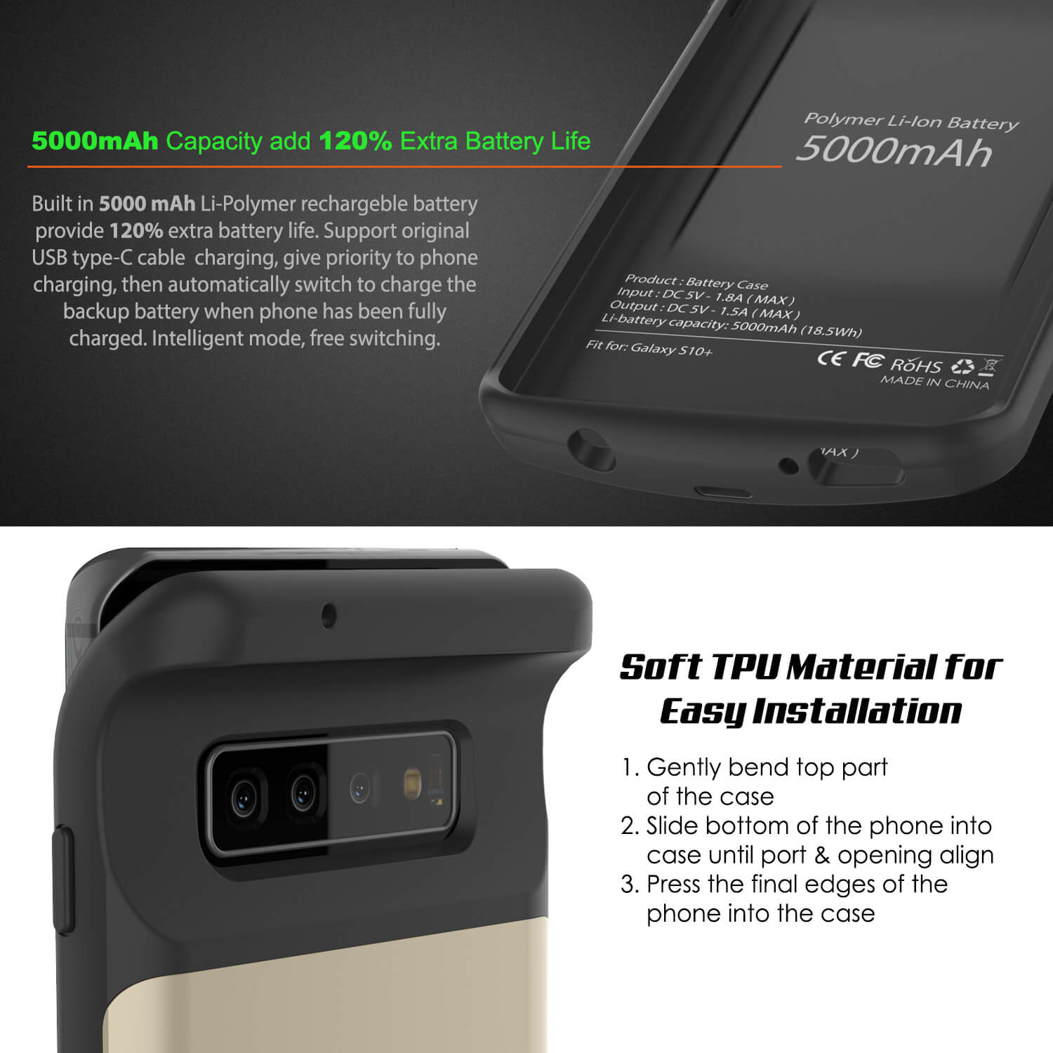 PunkJuice S10+ Plus Battery Case Gold - Fast Charging Power Juice Bank with 5000mAh