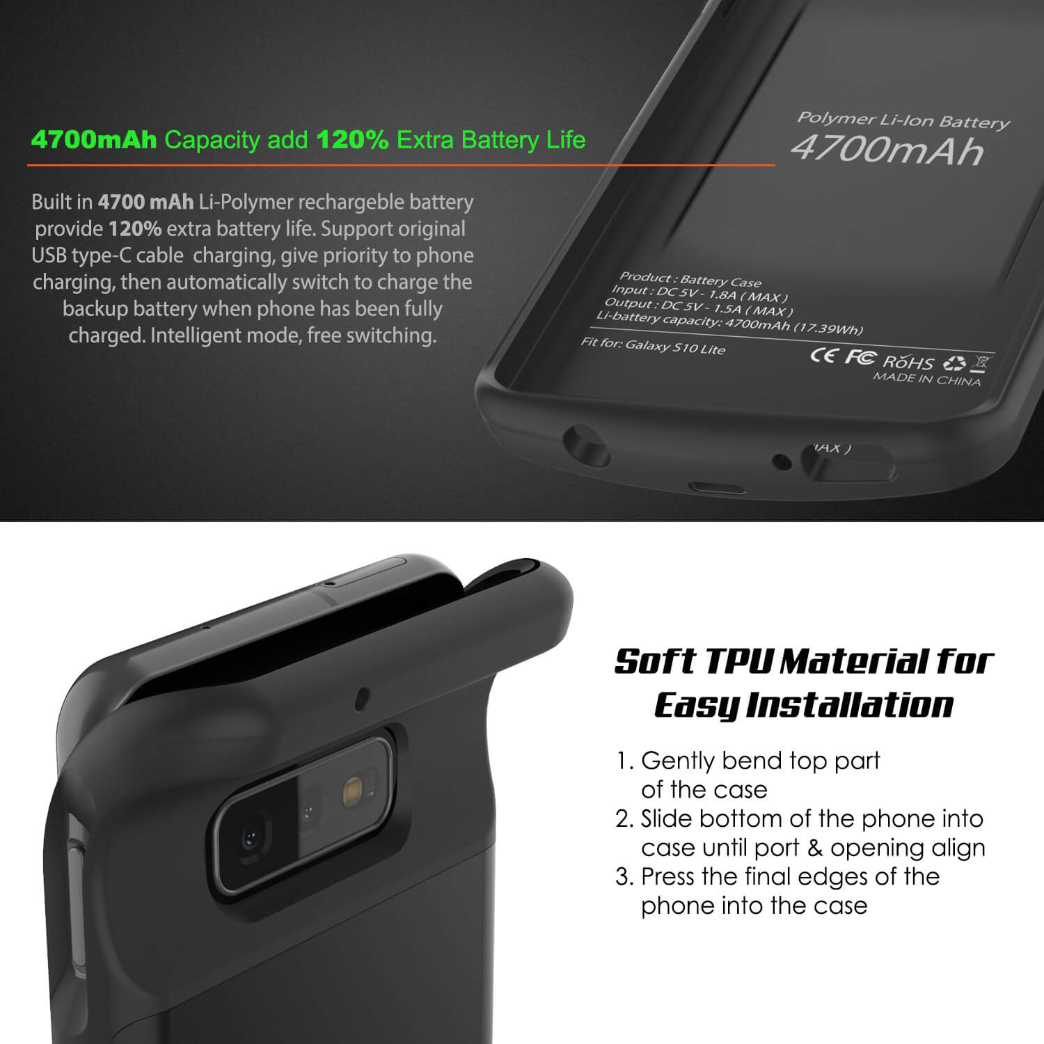 PunkJuice S10e Battery Case Reg. Black - Fast Charging Power Juice Bank with 4700mAh